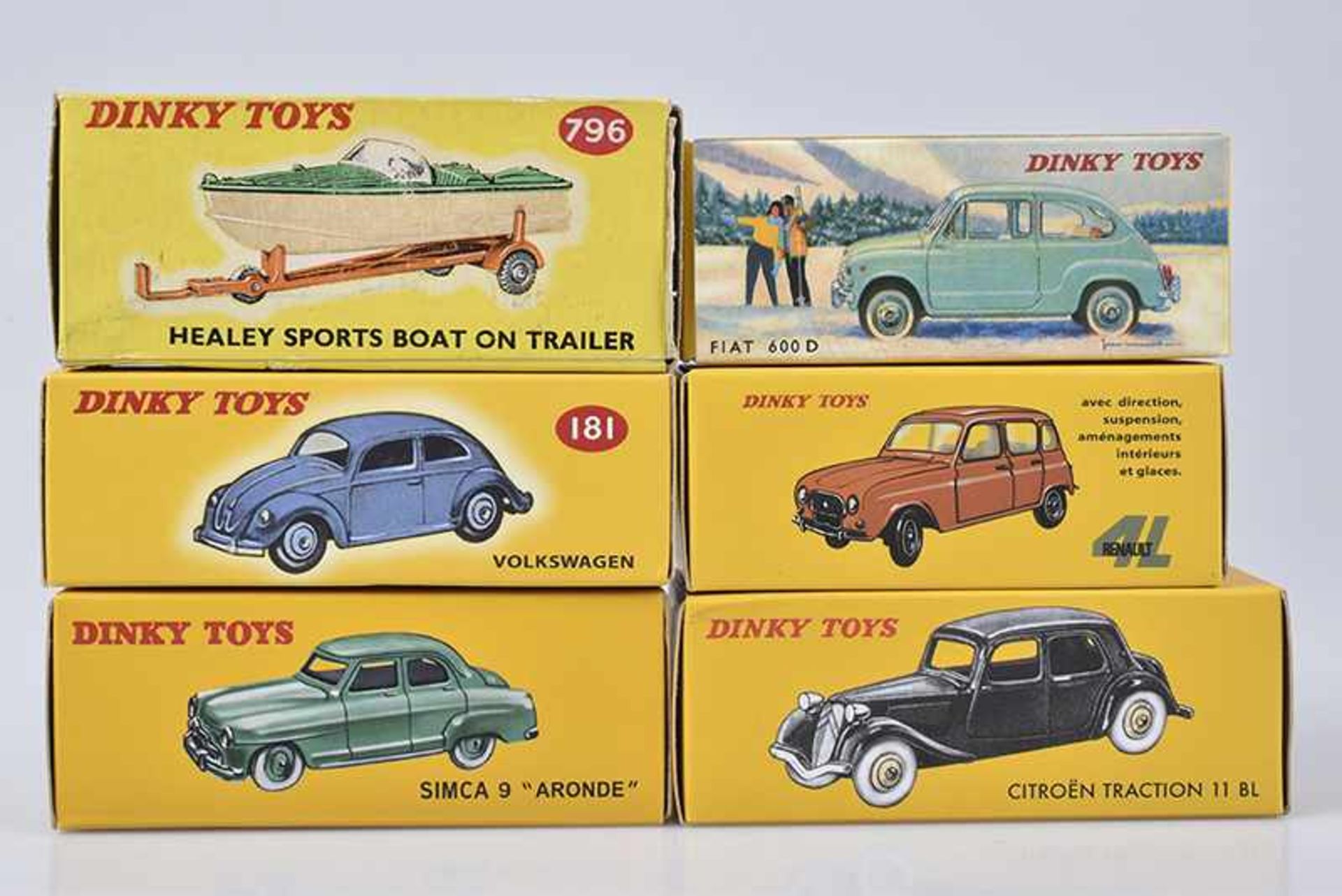 Konv. 6 DINKY TOYS Modellautos, Repliken, Editions ATLAS, M 1:43, Healey Sports Boat on Trailer,