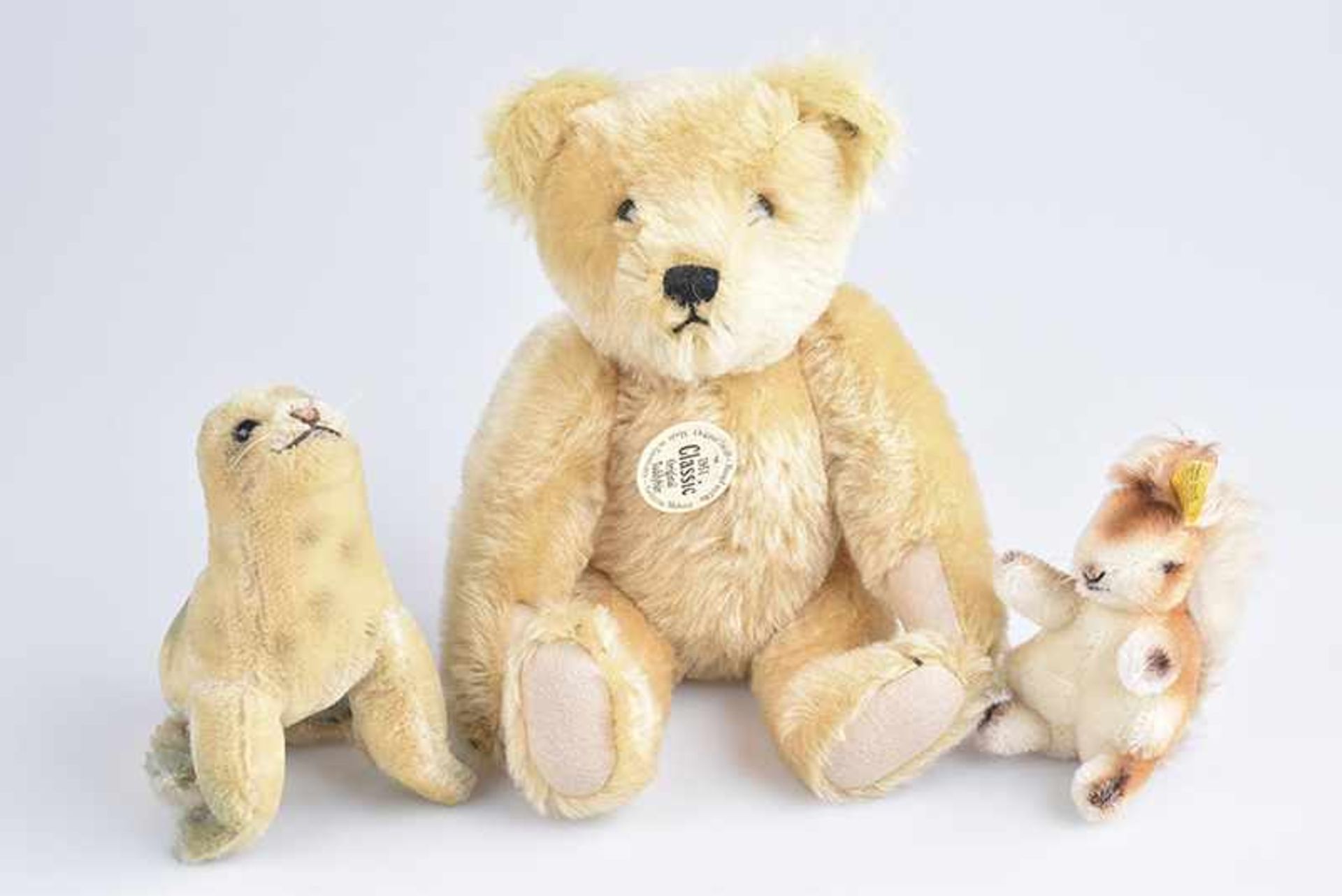 Konv. 3 STEIFF Tiere, Possy Eichhörnchen, 60er Jahre, KFS, 10-26 cm, Mohair, Schild liegt lose