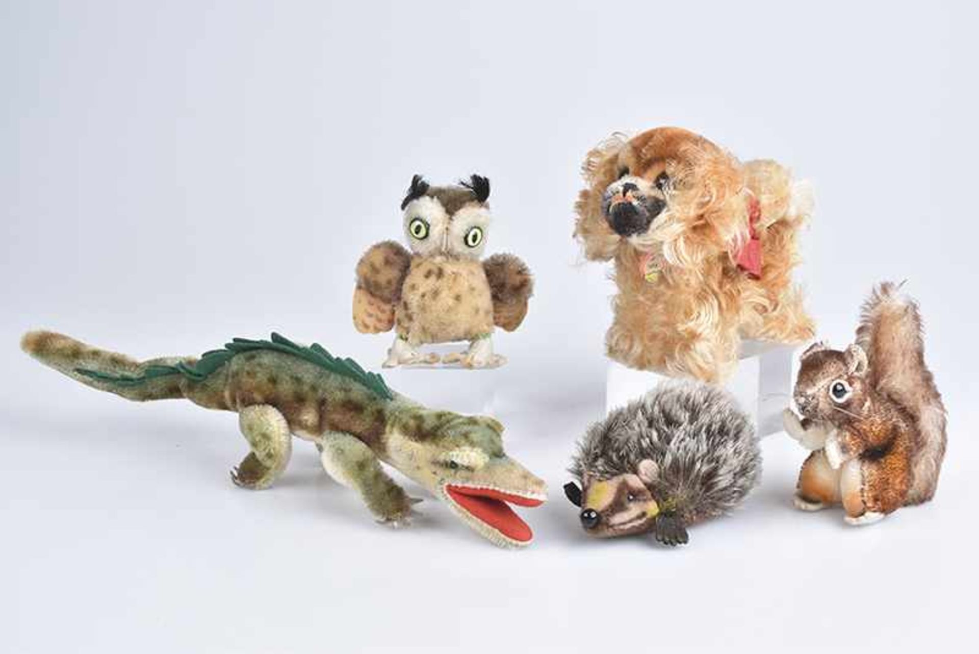 STEIFF 5 Tiere, 60er Jahre, Mohair, 7-14 cm, Igel, mit Knopf, Eichhörnchen, Peky Pekinese, KFS,