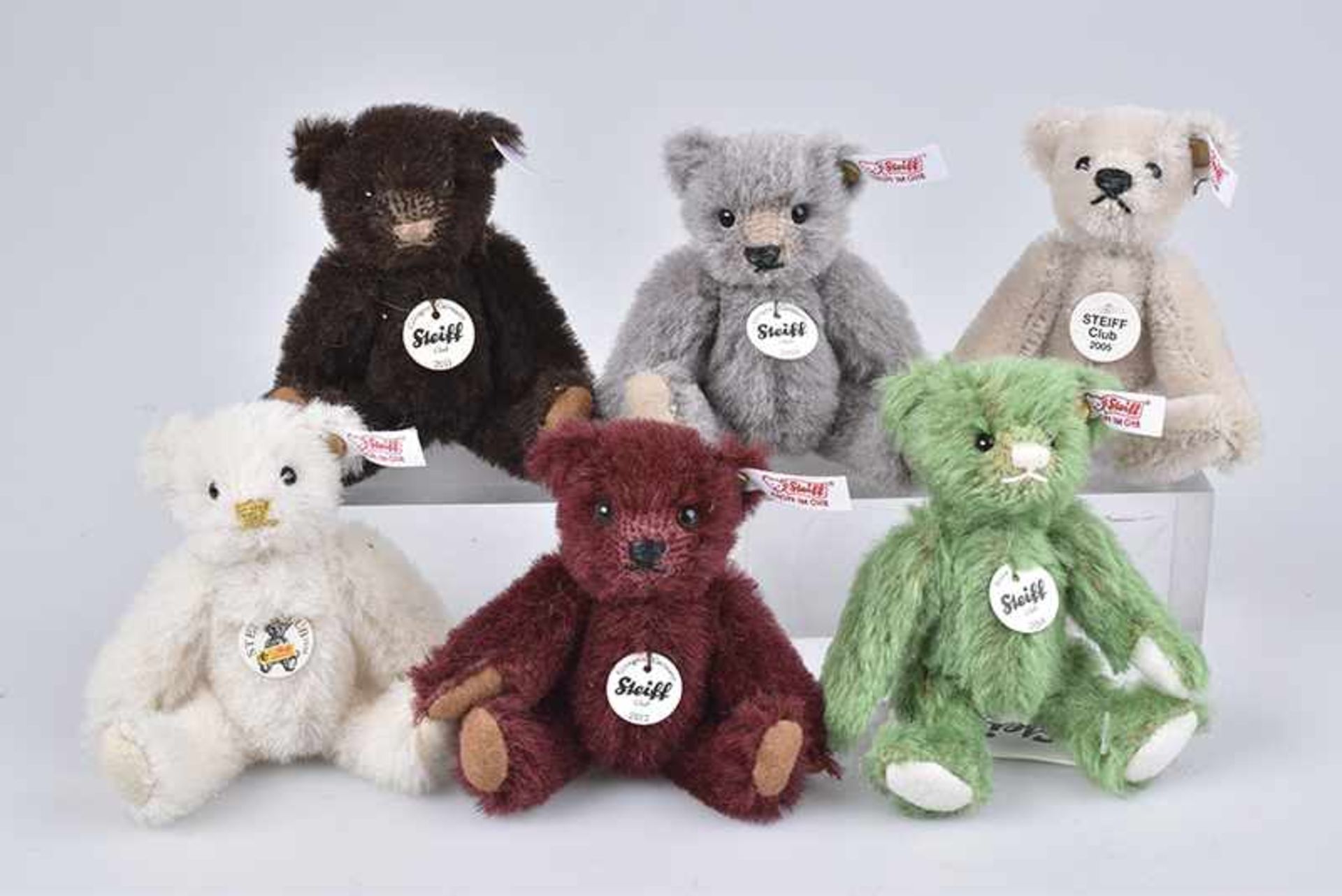 STEIFF 6 Club Geschenk Teddys, Mohair, 10 cm, Teddy 2005, 2008, 2010, 2011, 2012 und 2014, Z 1-2