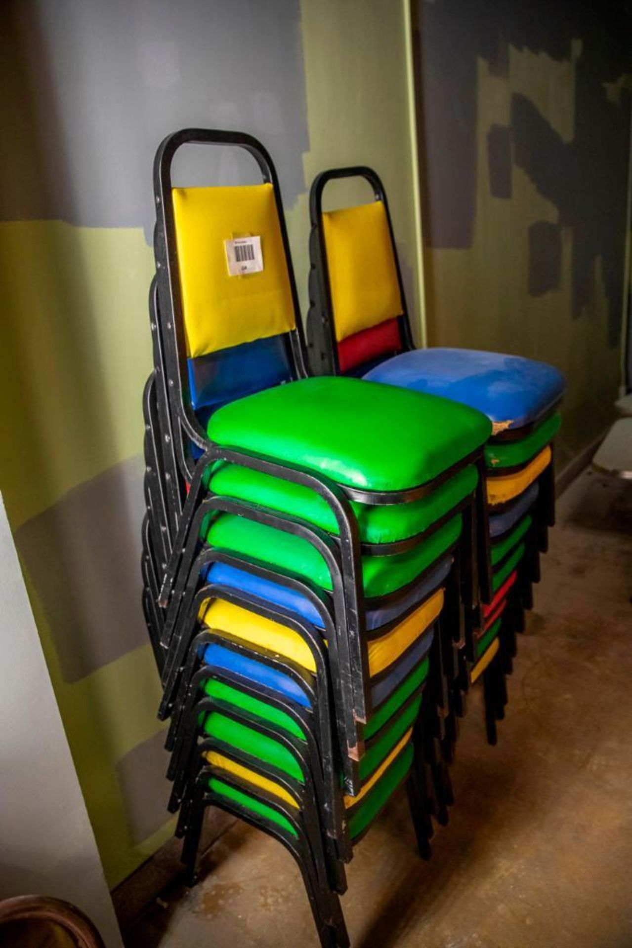 20 vinyl chairs, mixed colours. Used, shows commercial use. See pictures.