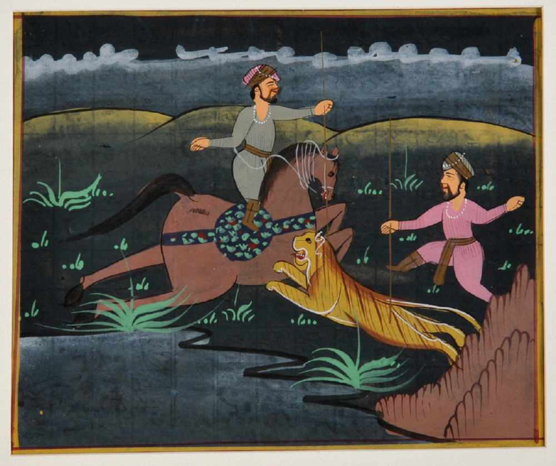 Arabischer Künstler des 19. Jh.Gouache, 12 x 14,5 cm, " Jagdszene ", aus einem Märchenbuch, P
