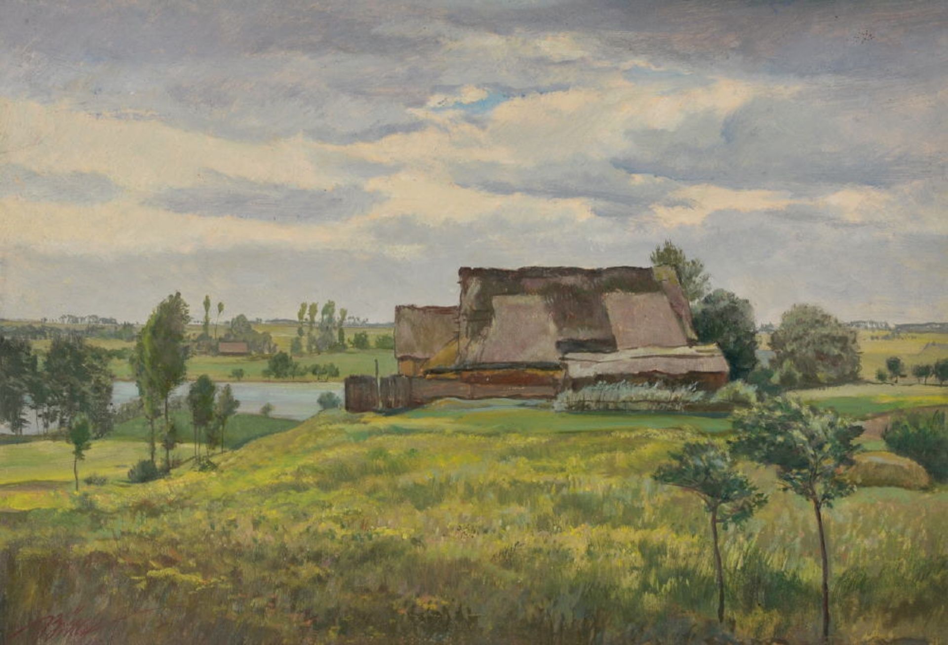 Bürck, Paul, 1878 Straßburg - 1947 MünchenÖl auf leichten Karton, 38 x 55 cm, " Bauernhäuser in