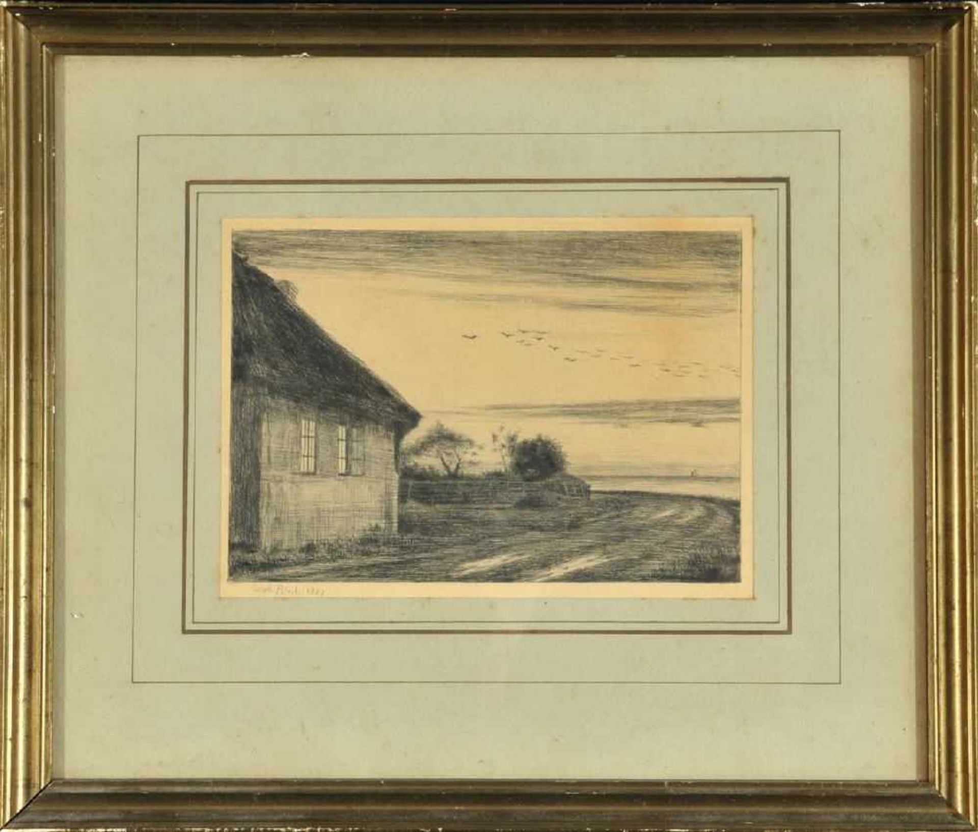 Bloch, Carl, 1834 - 1890 KopenhagenRadierung, ca. 10 x 14 cm, " Bauernhaus am Meer ", i.d.Pl. sign.,