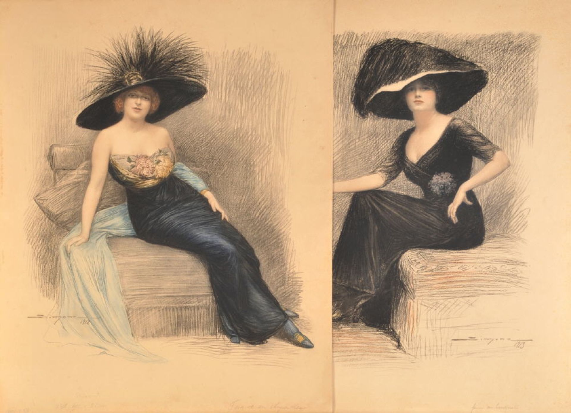 Farblithographien, 2 StückBlatt je 63 x 47,5 cm, " Elegante Damen ", i.d.Pl. sign. "Simont", dat.