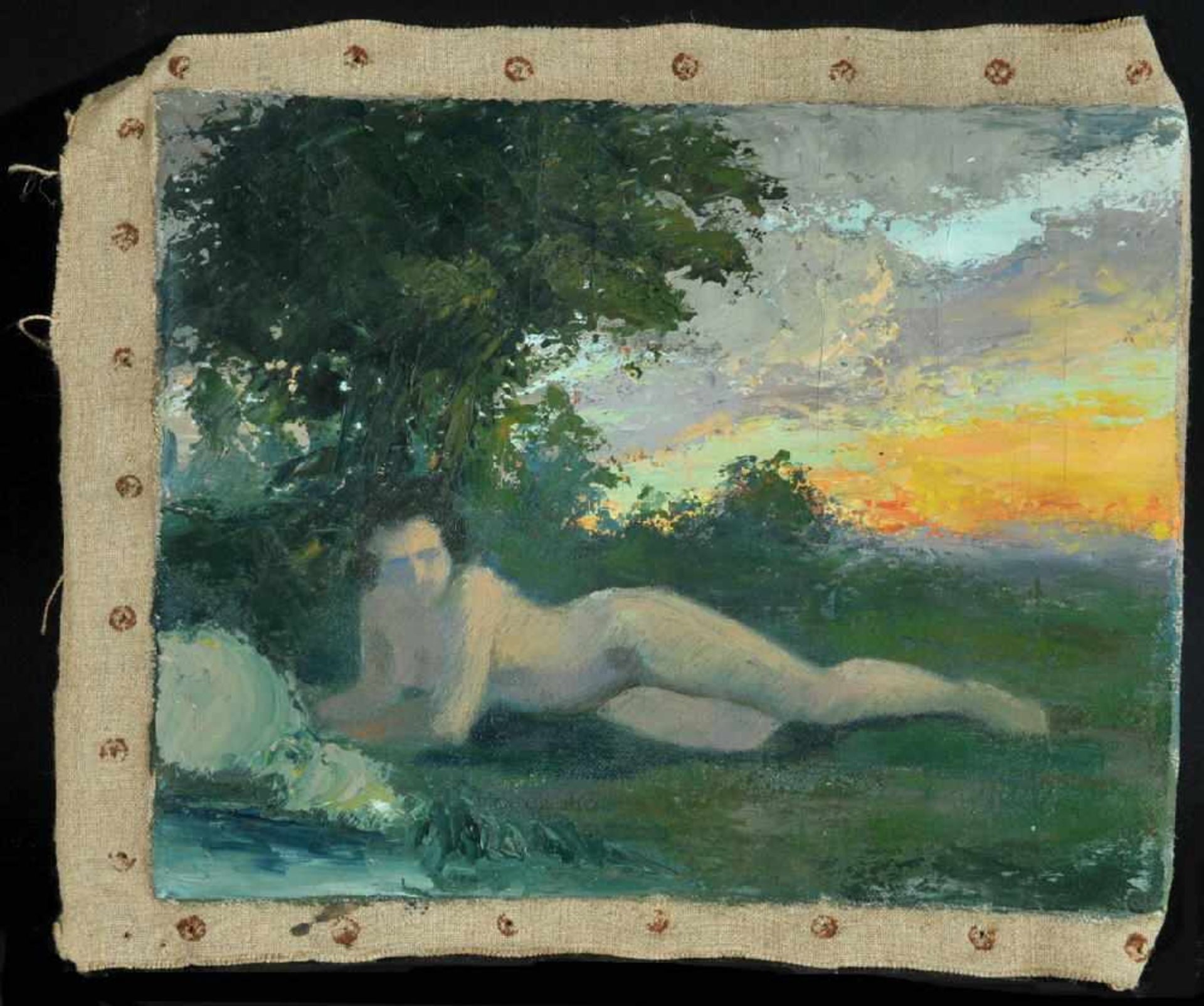 Aktmaler, 1.H. 20. Jh.Öl/Lwd, 19 x 23,5 cm, " Abendlandschaft mit weiblichem Akt ", ohne Keilrahmen,