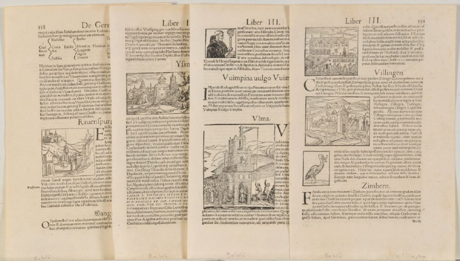 Baden-Württemberg, Konvolut Ansichten4 Buchseiten mit Holzschnitten, Blatt je 32 x 20,5 cm, von Seb.
