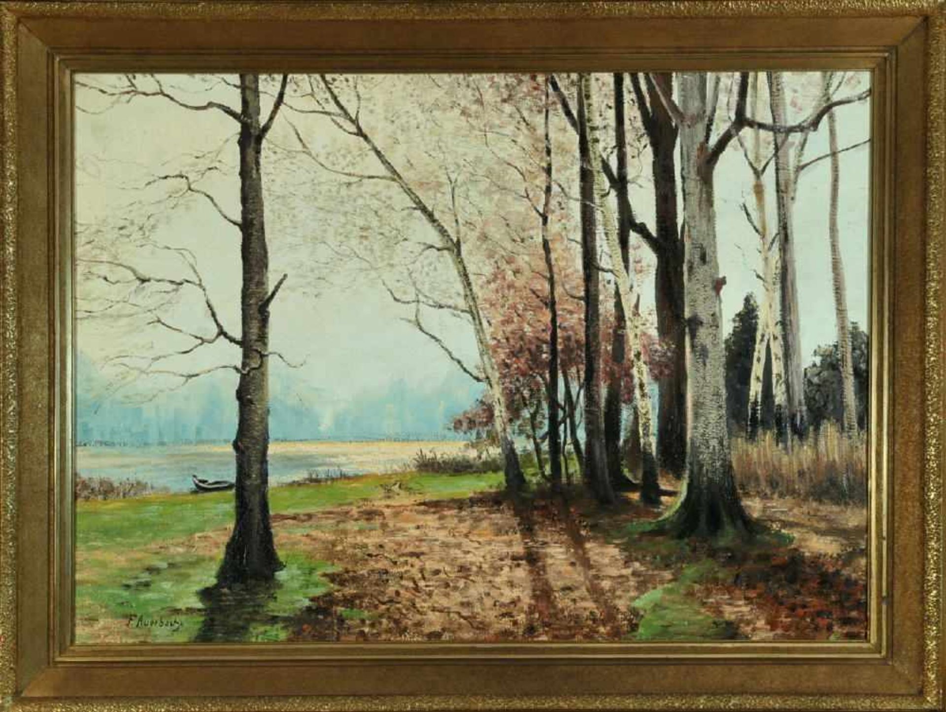 Auerbach, F., Künstler des 20. Jh.Öl/Hartfaser, 62 x 85 cm, " Herbstliche Uferlandschaft ", u.l.