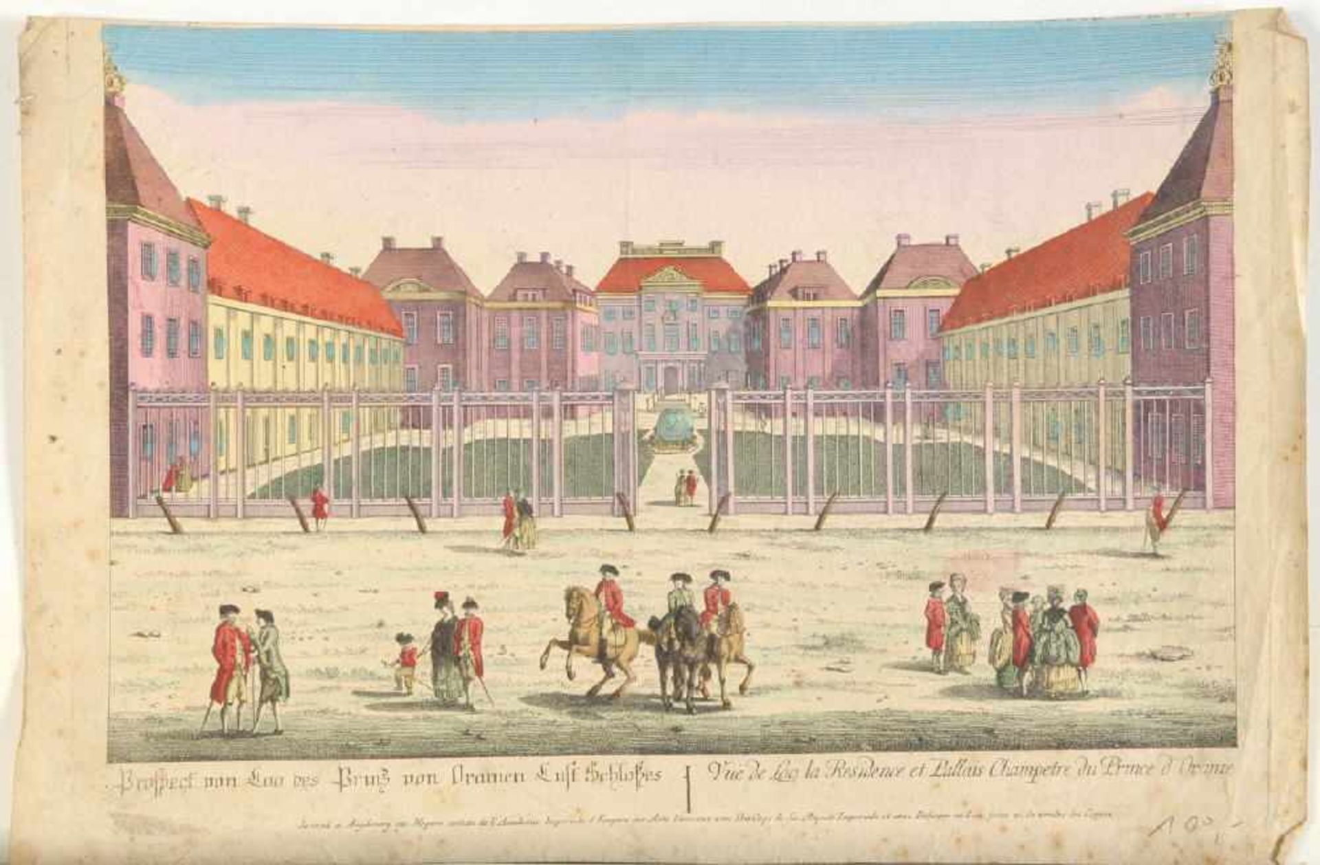 Apeldoorn, Ansicht des Lustschlosses "Het Loo"Kupferstich, handcolor., Guckkastenblatt, 25 x 38
