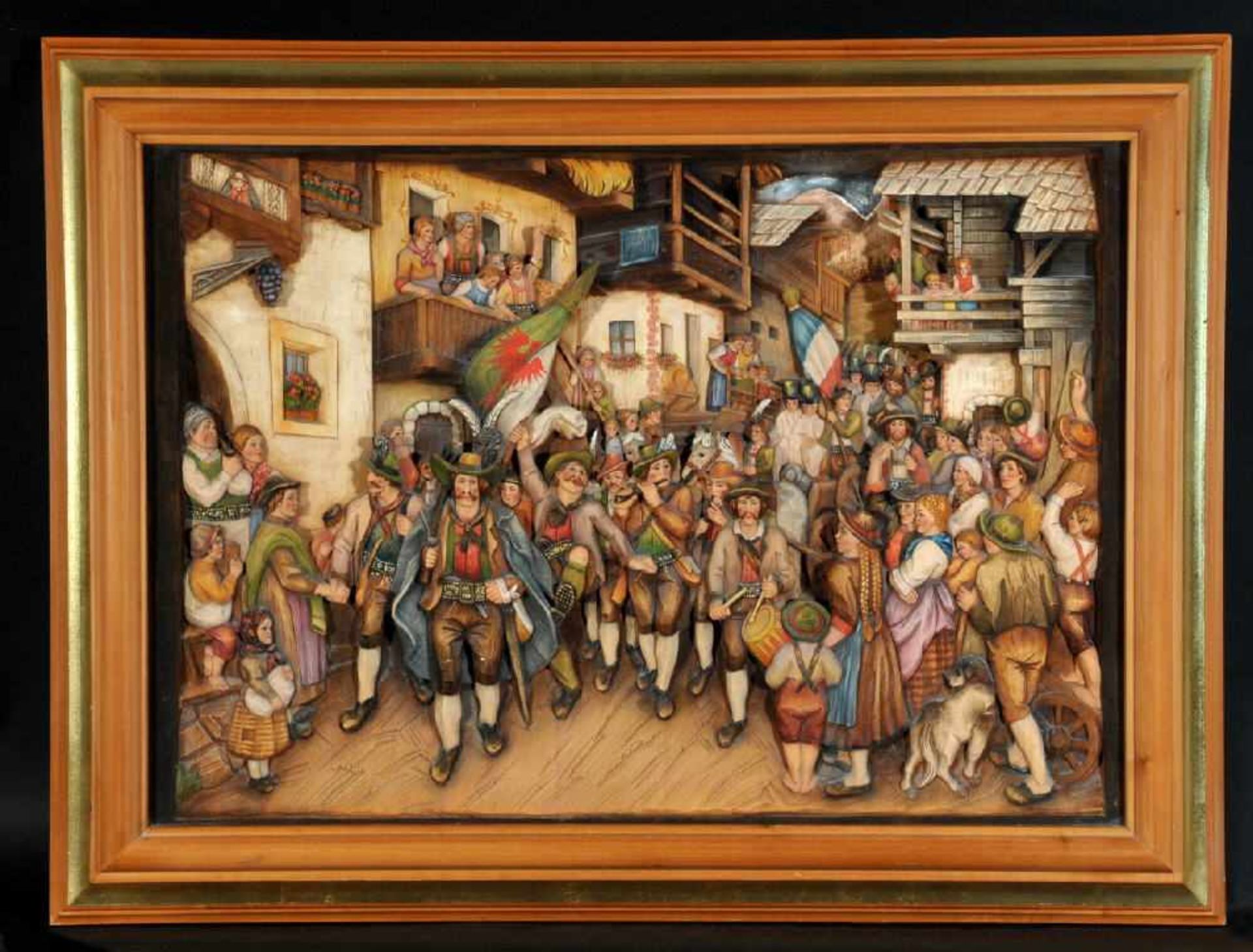Wandrelief - Heimkehr der SiegerHolz, reich geschnitzt, farbig gefasst, 57 x 79,5 cm, nach dem