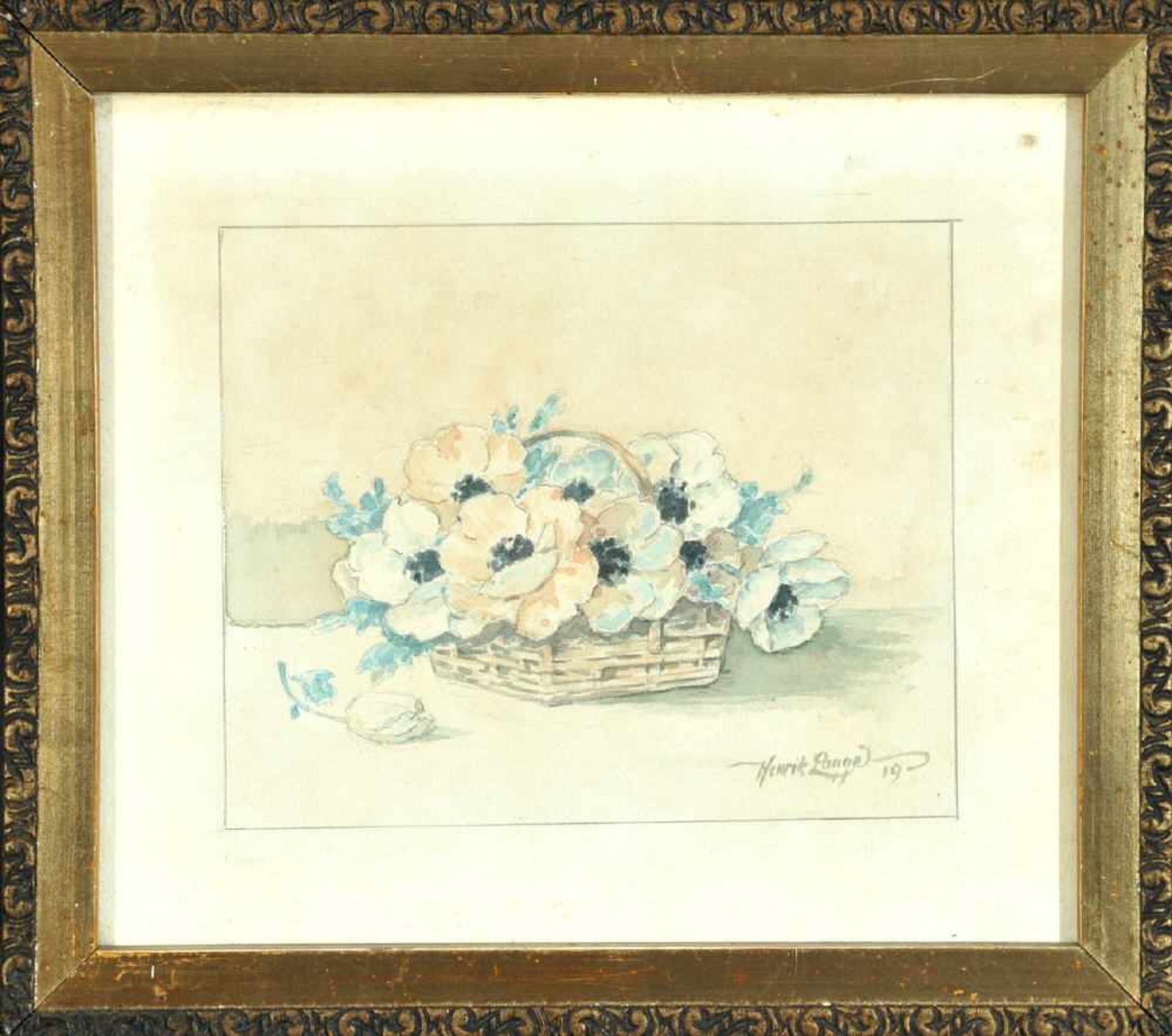 Lange, Henrik, Künstler des 20. Jh.Aquarell, 16 x 20 cm, " Erblühte Tulpen in einem Korb ", u.r.