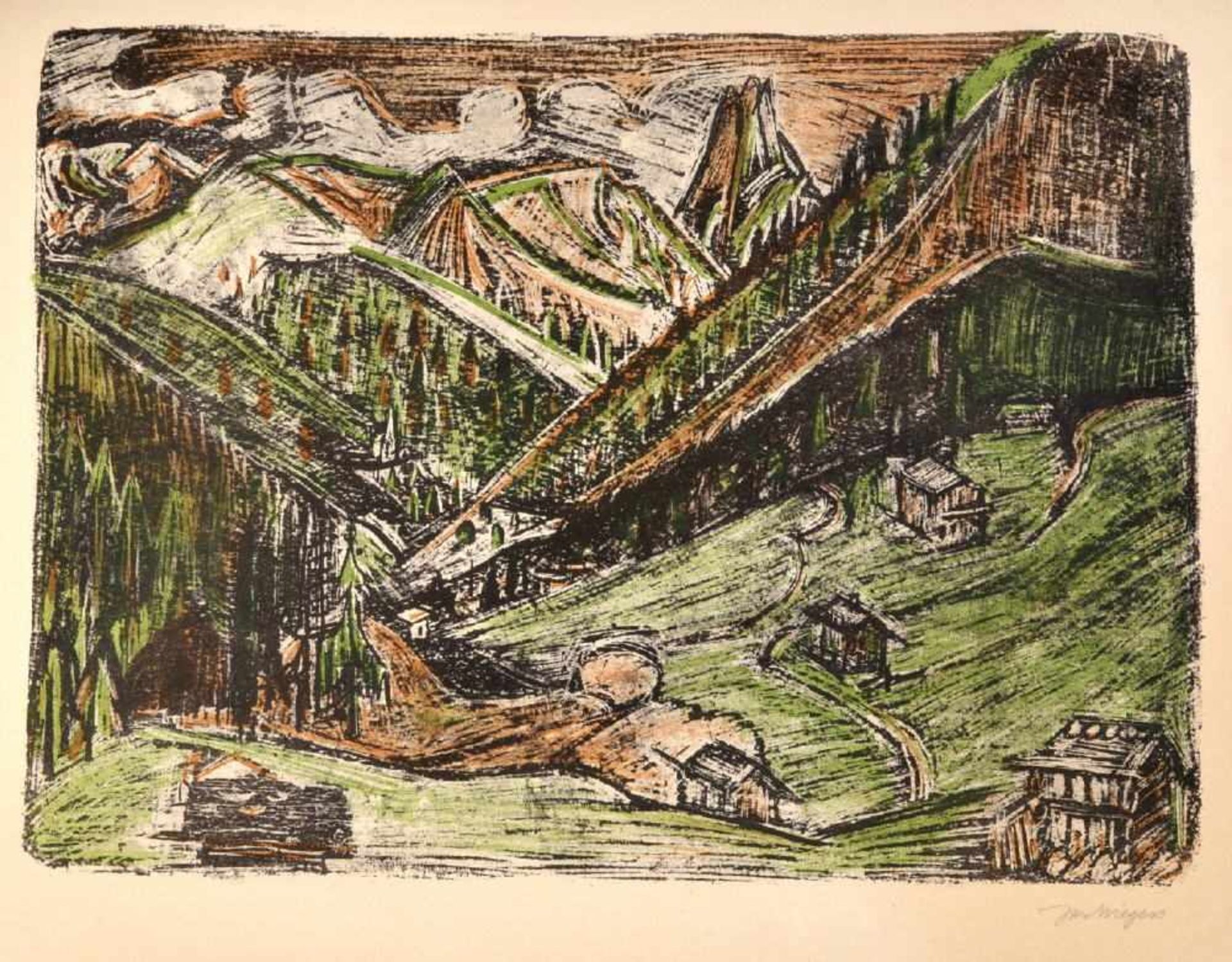 Wiegers, Jan, 1893 Kommerzijl - 1959 AmsterdamFarblithographie, 32 x 43,5 cm, " Davos - Stafelalp