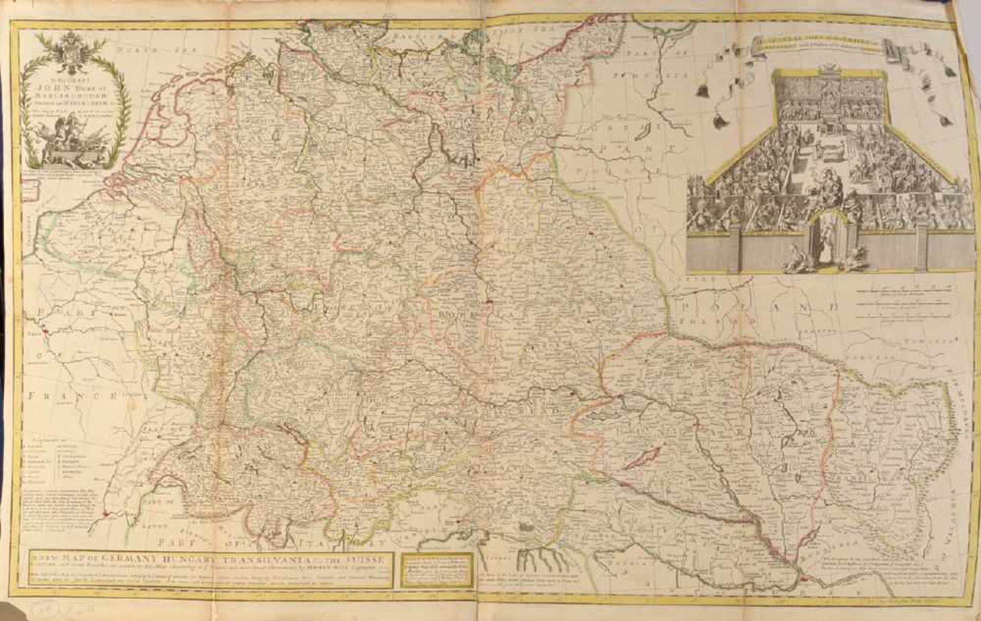 Landkarte "A new map of Germany, Hungary, Transilvania..."Kupferstich, handcolor., 61 x 100 cm,