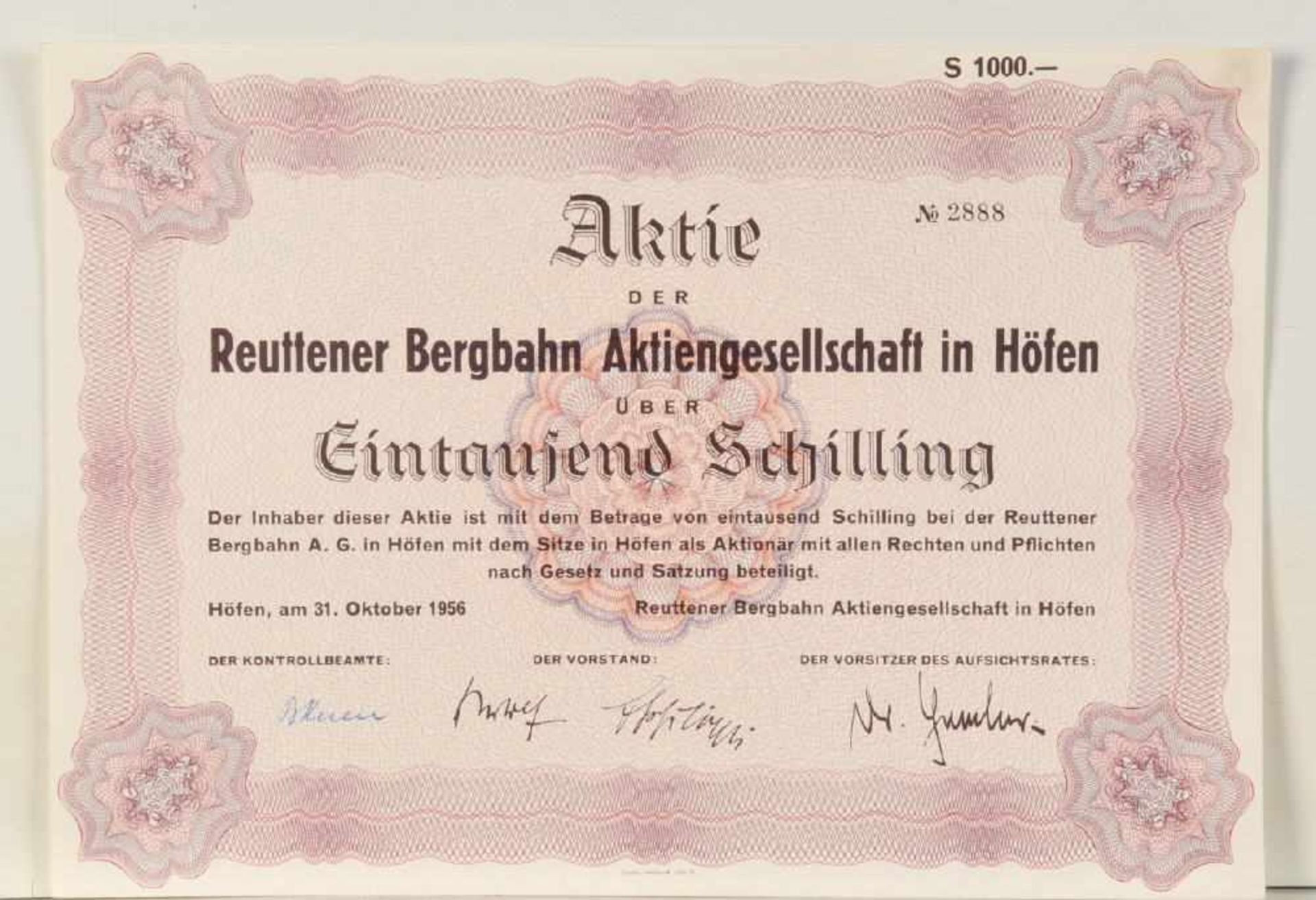 Aktie "Reuttener Bergbahn Aktiengesellschaft in Höfen"1000,- Schilling, dat. 31. Oktober 1956