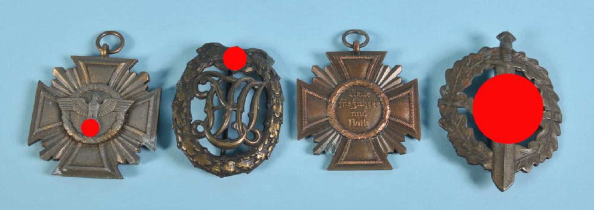 Abzeichen, 4 Stück 2 NSDAP-Dienstauszeichnung Bronze, je 1 Reichssportabzeichen 3. Modell "DRL"