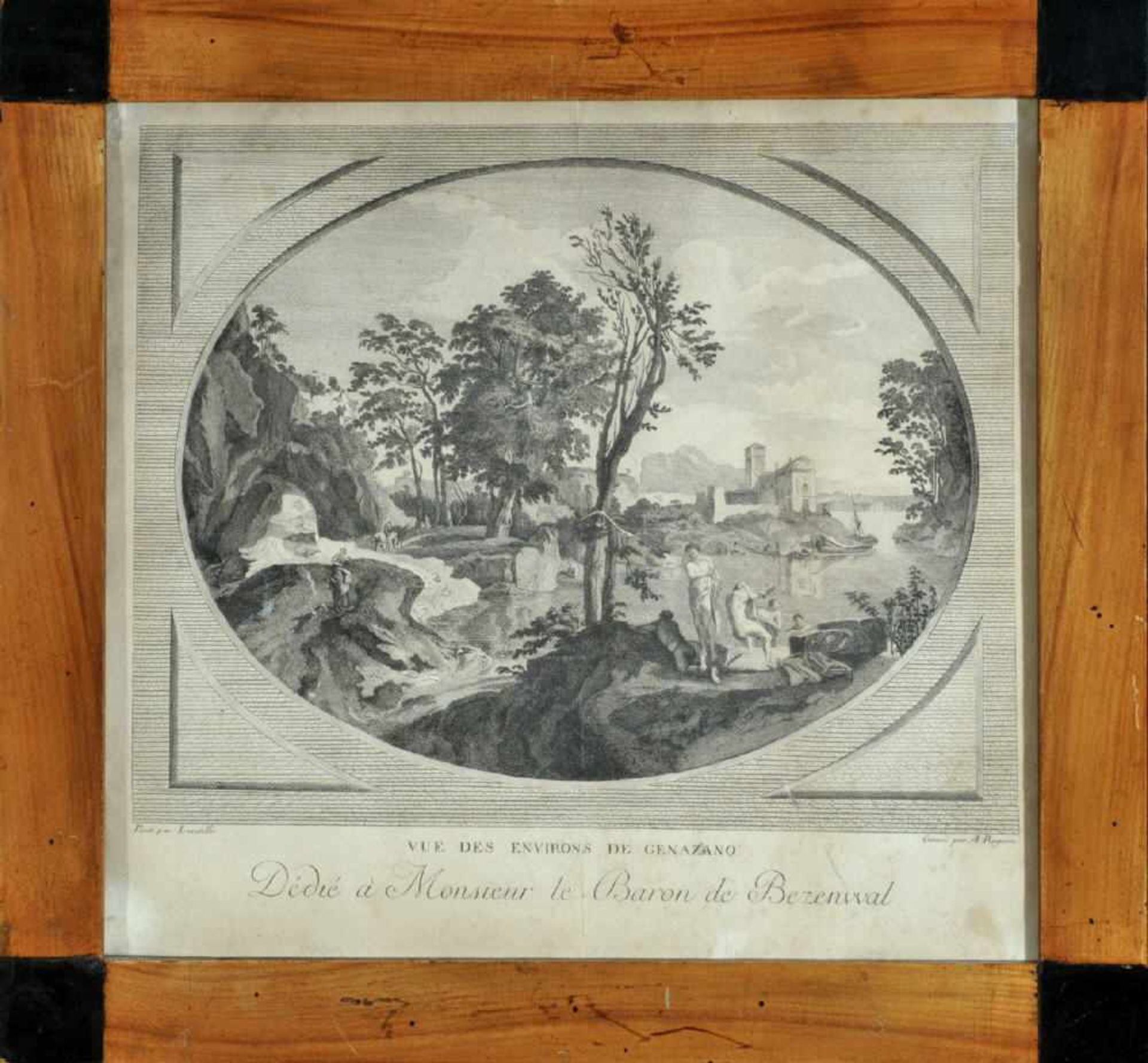 BilderrahmenKirschbaum, ebonis. Ecken, Falzmaß 30 x 32 cm, Gesamt 35 x 38 cm, Biedermeier, mit Stich