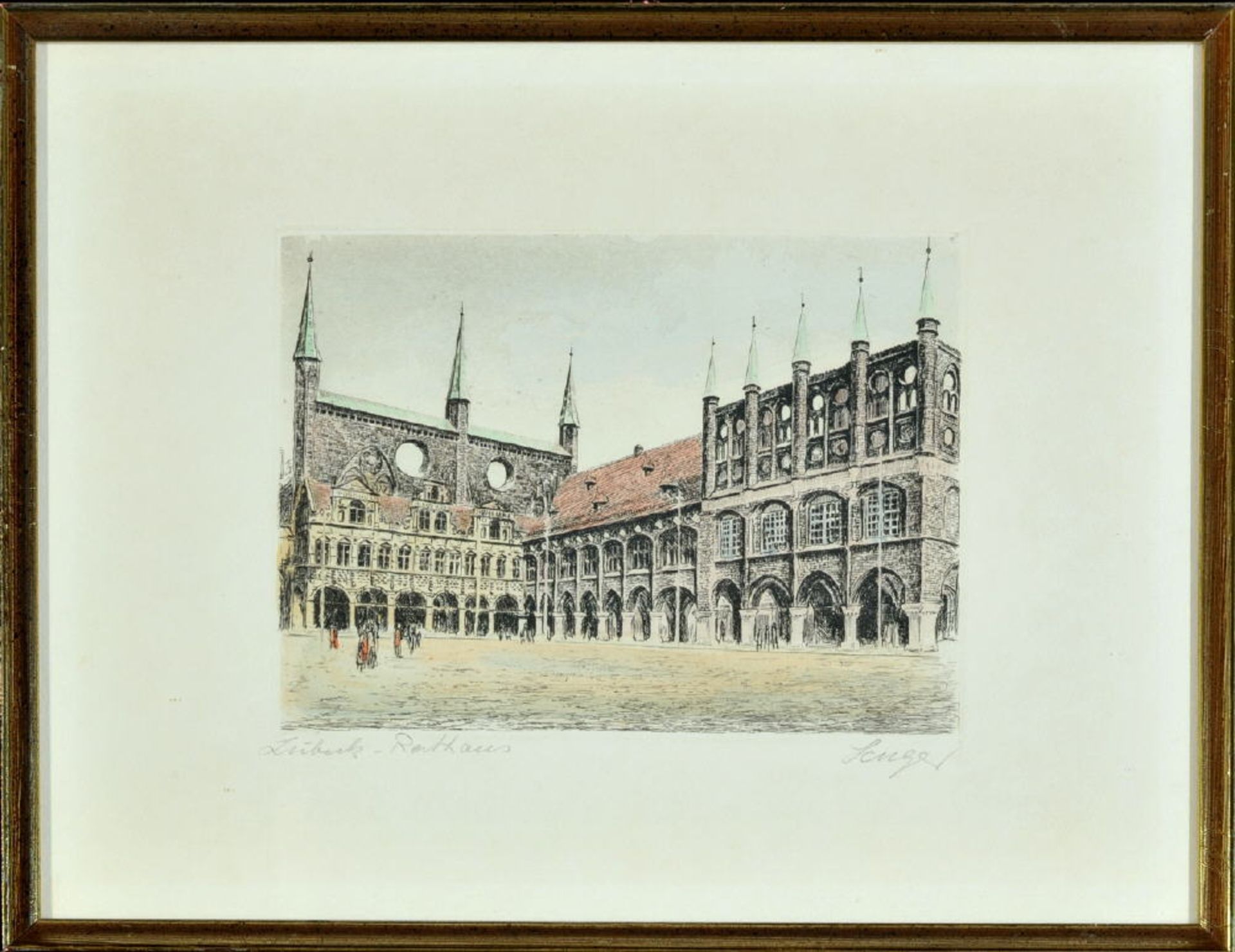 Lübeck, Ansicht des RathausesRadierung, handcolor., 14,5 x 19,5 cm, handsign. "Senger", 20. Jh., R