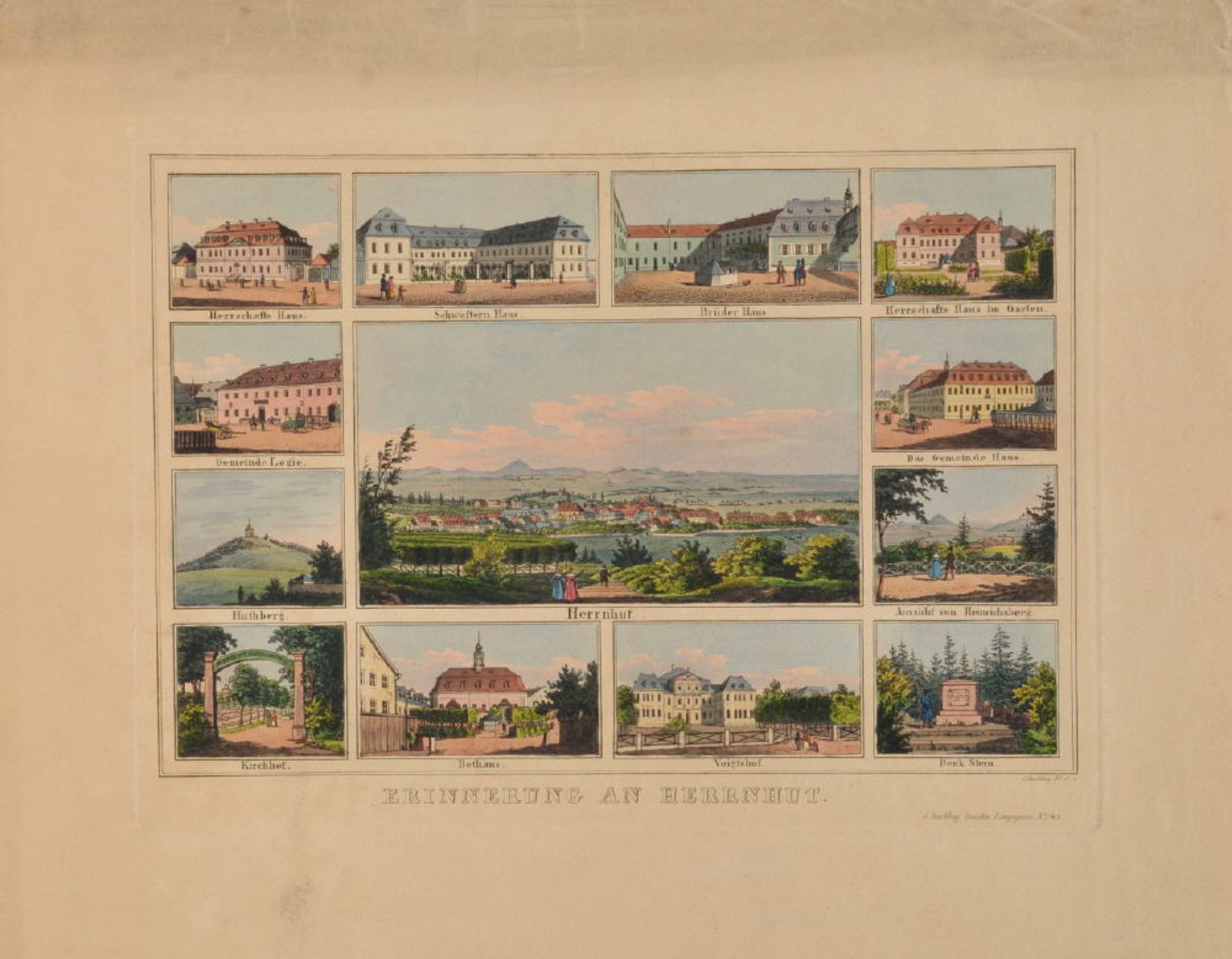 Herrnhut, SouvenirblattRadierung, handcolor., 16 x 23,5 cm, 13 Ansichten, von Beichling, 19. Jh.,
