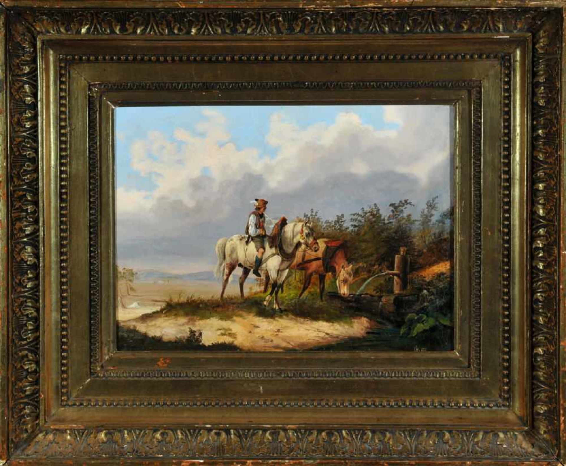 Bach, Alois, 1809 Eschlkam - 1893 MünchenÖl/Lwd, 28,5 x 35,5 cm, " Reiter mit Pferden an einer