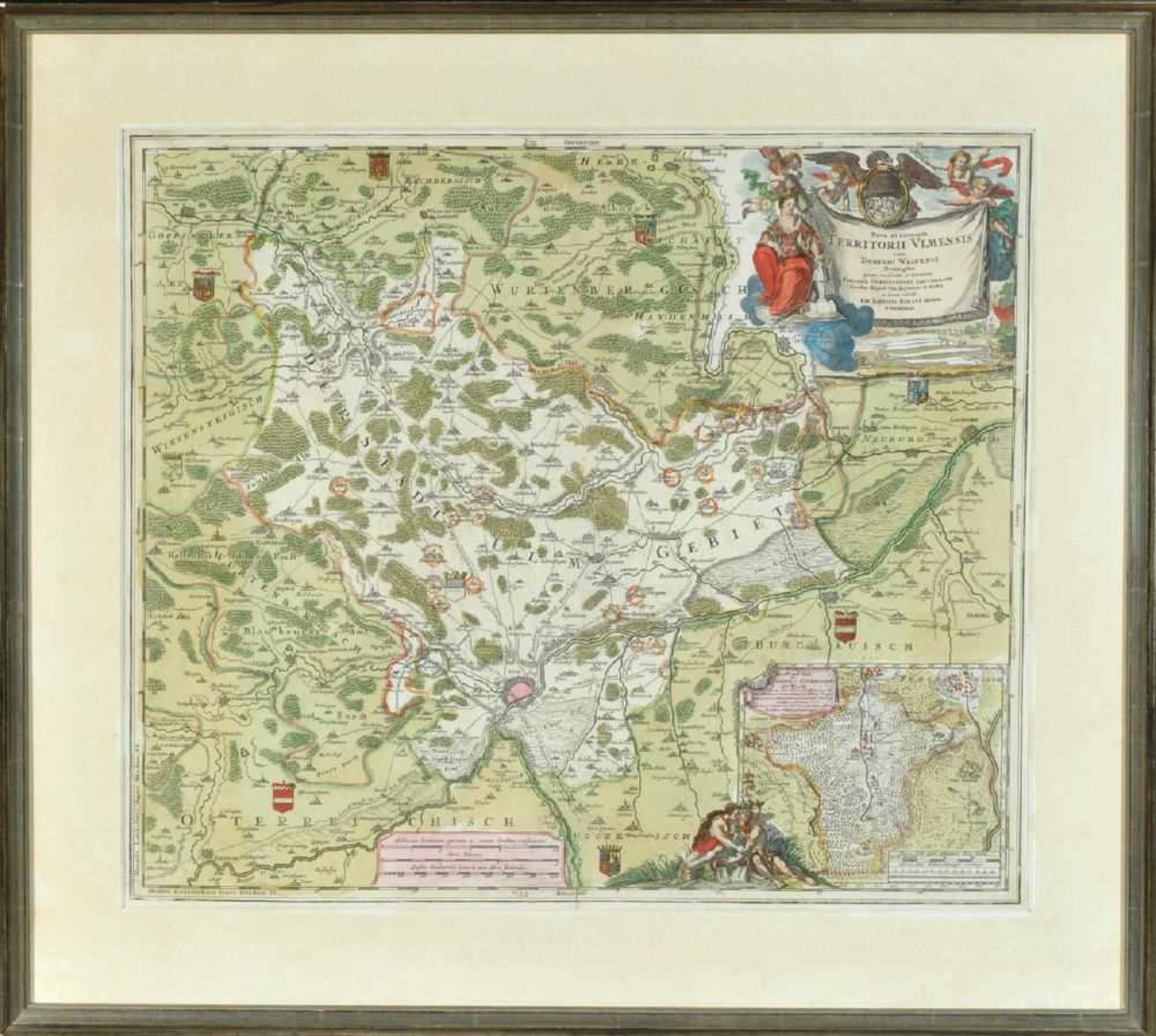 Landkarte "Nova et accurata territorii Ulmensis (Ulm)"Kupferstich, handcolor., 47,5 x 55,5 cm, von