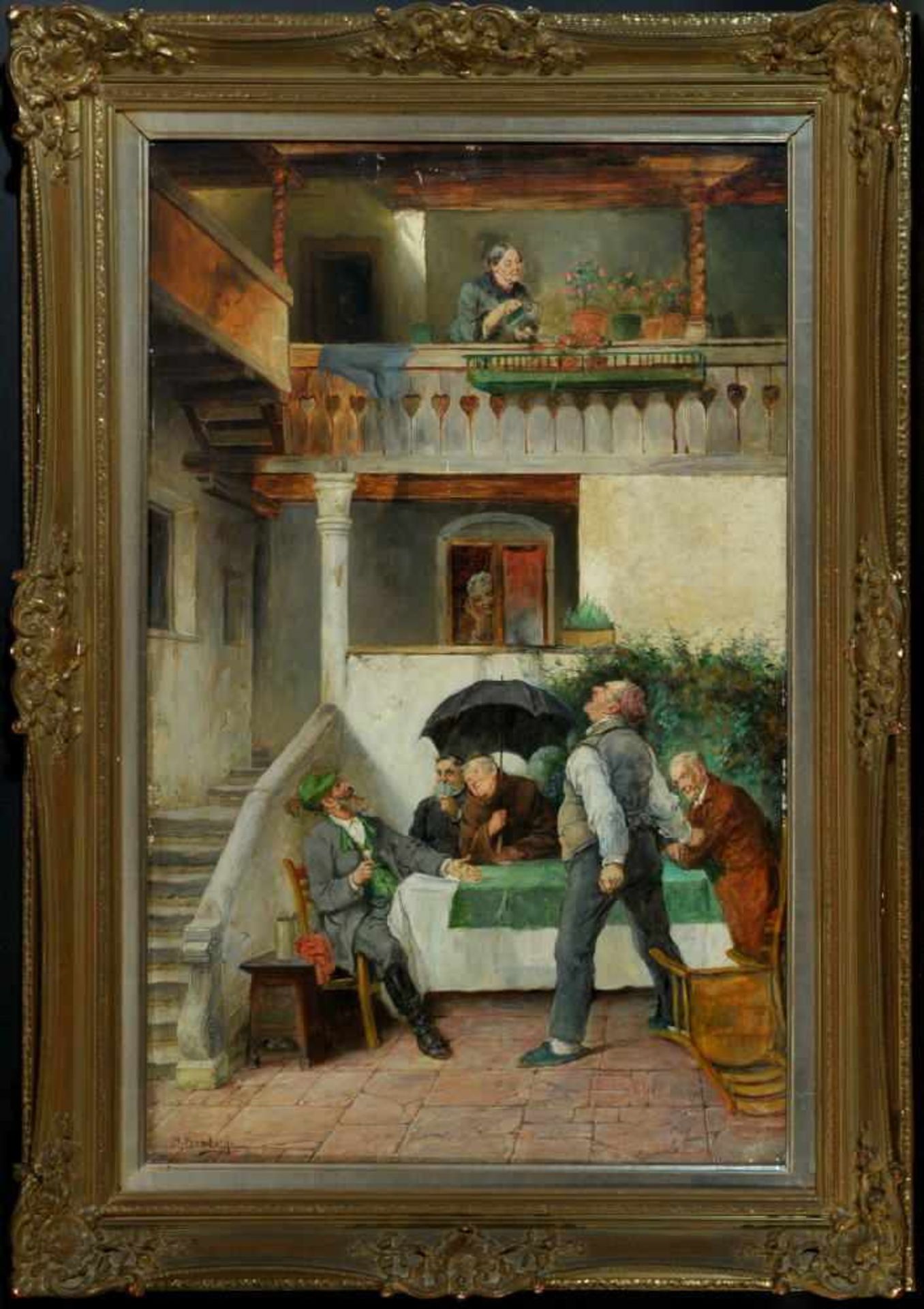 Humborg, Adolf, 1847 Oraviczabánya - 1921 MünchenÖl/Holz, 87 x 54 cm, " Innenhof mit Herrenrunde und