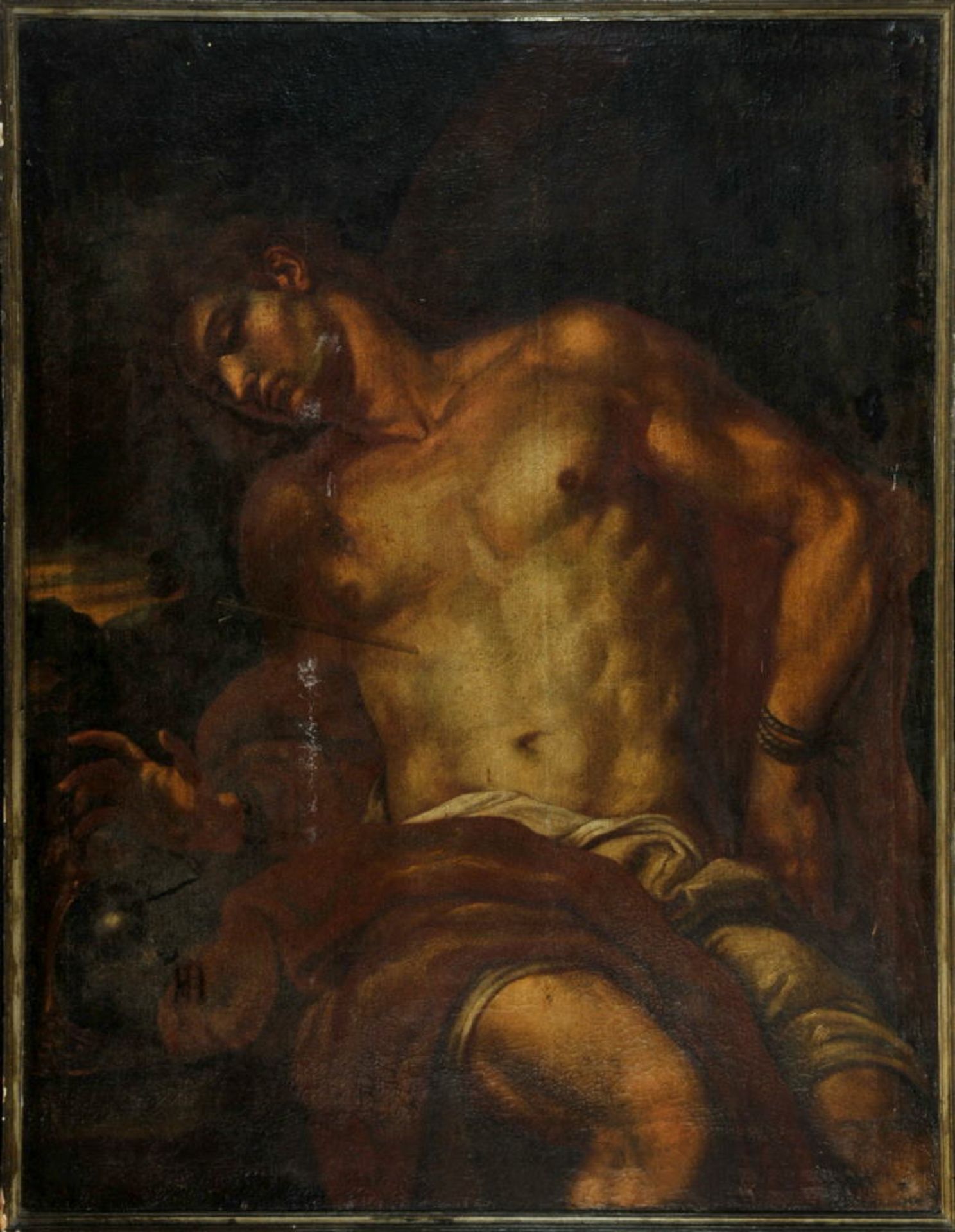 Bildnismaler des 17. Jh. , ItalienÖl/Lwd, 124 x 97 cm, " Hl. Sebastian ", kleinere Einrisse,