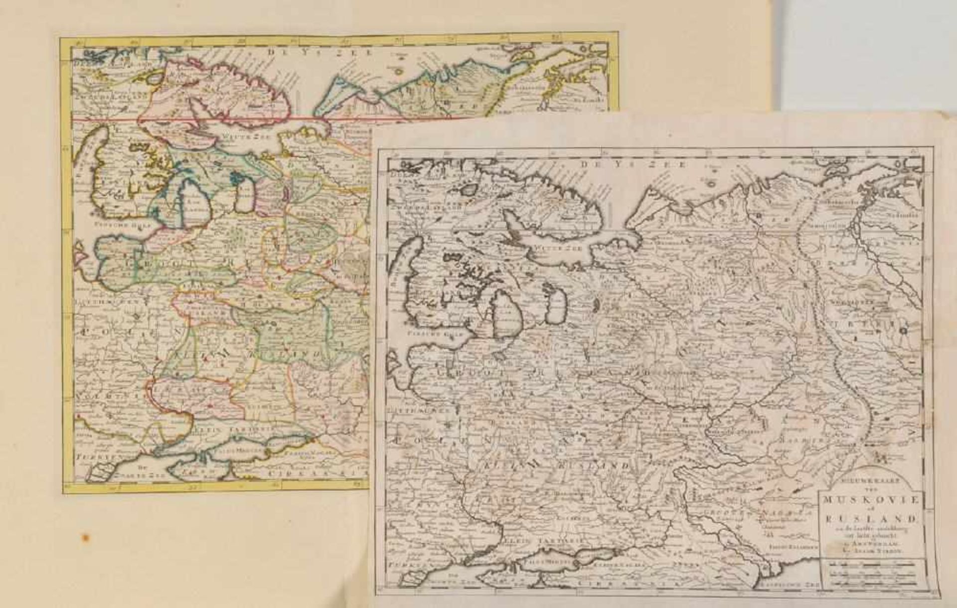 Landkarten, 2 Stück "Nieuwe Kaart van Muskovie of Rusland"2 Kupferstiche, 1 handcolor., je 28,5 x