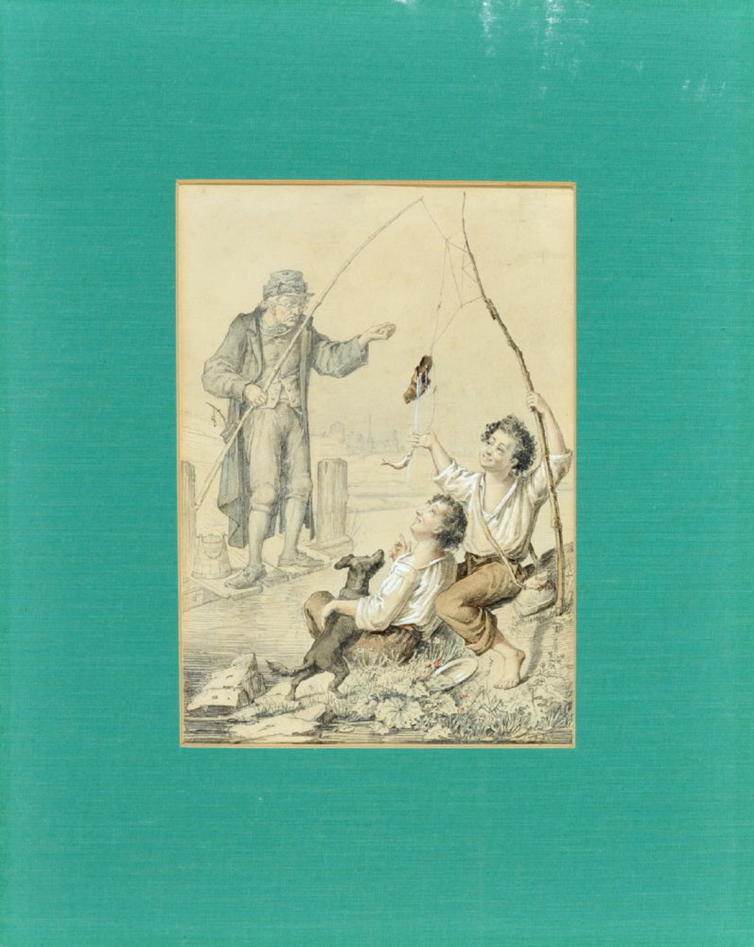 Genremaler des 19. Jh.Bleistiftzeichnung, aquarell., 20,5 x 14,5 cm, " Zwei junge Burschen ärgern