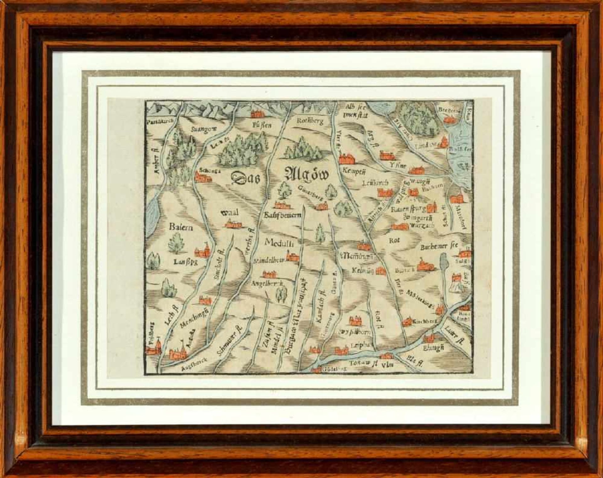 Landkarte "Das Allgoew (Allgäu)"Holzschnitt, handcolor., 13 x 15 cm, von Seb. Münster, 16. Jh., R