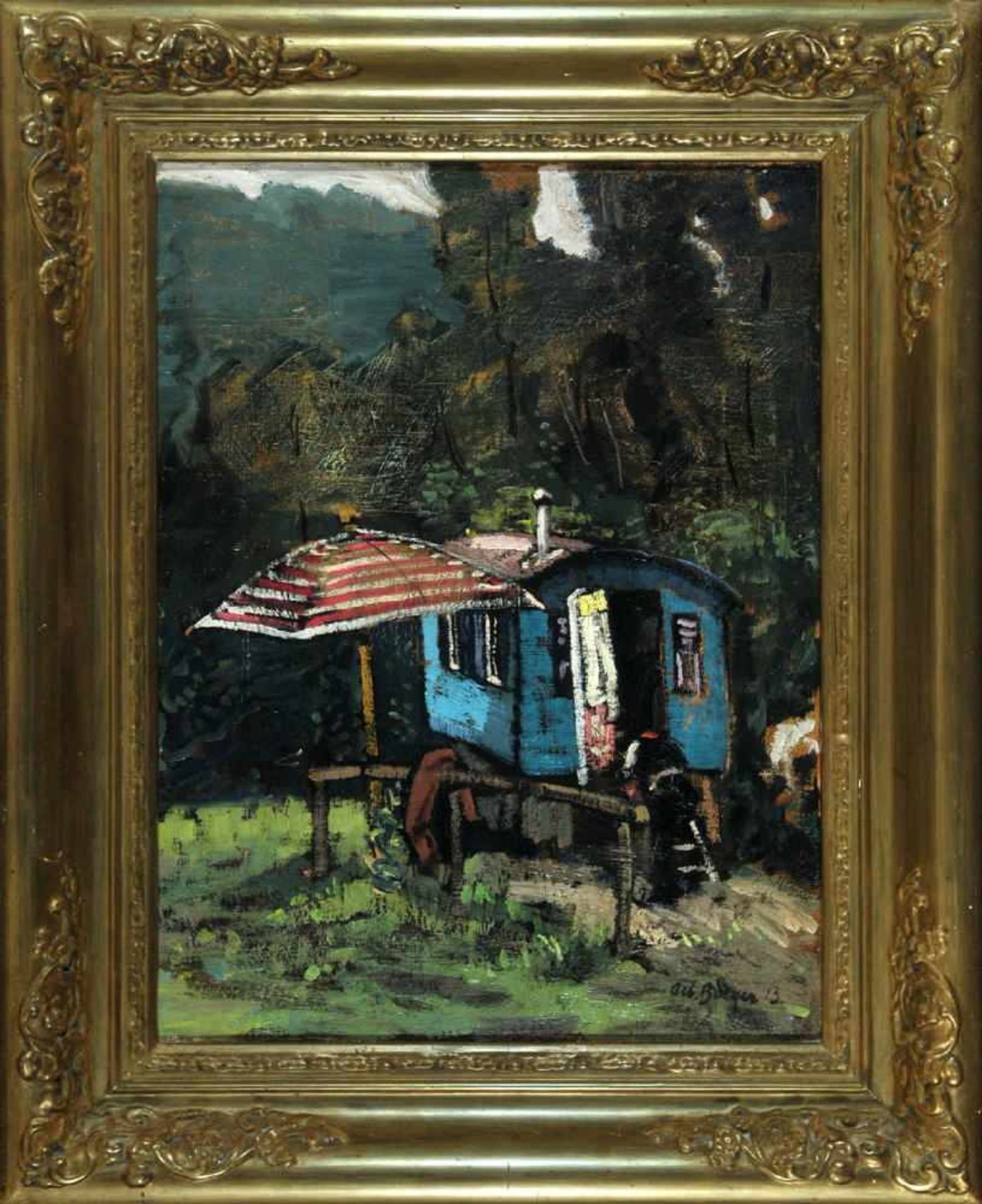 Berger, Albert, 1883 Stuttgart - 1977 MünchenÖl/Lwd, 41 x 32 cm, " Waldlichtung mit Wohnwagen ", u.