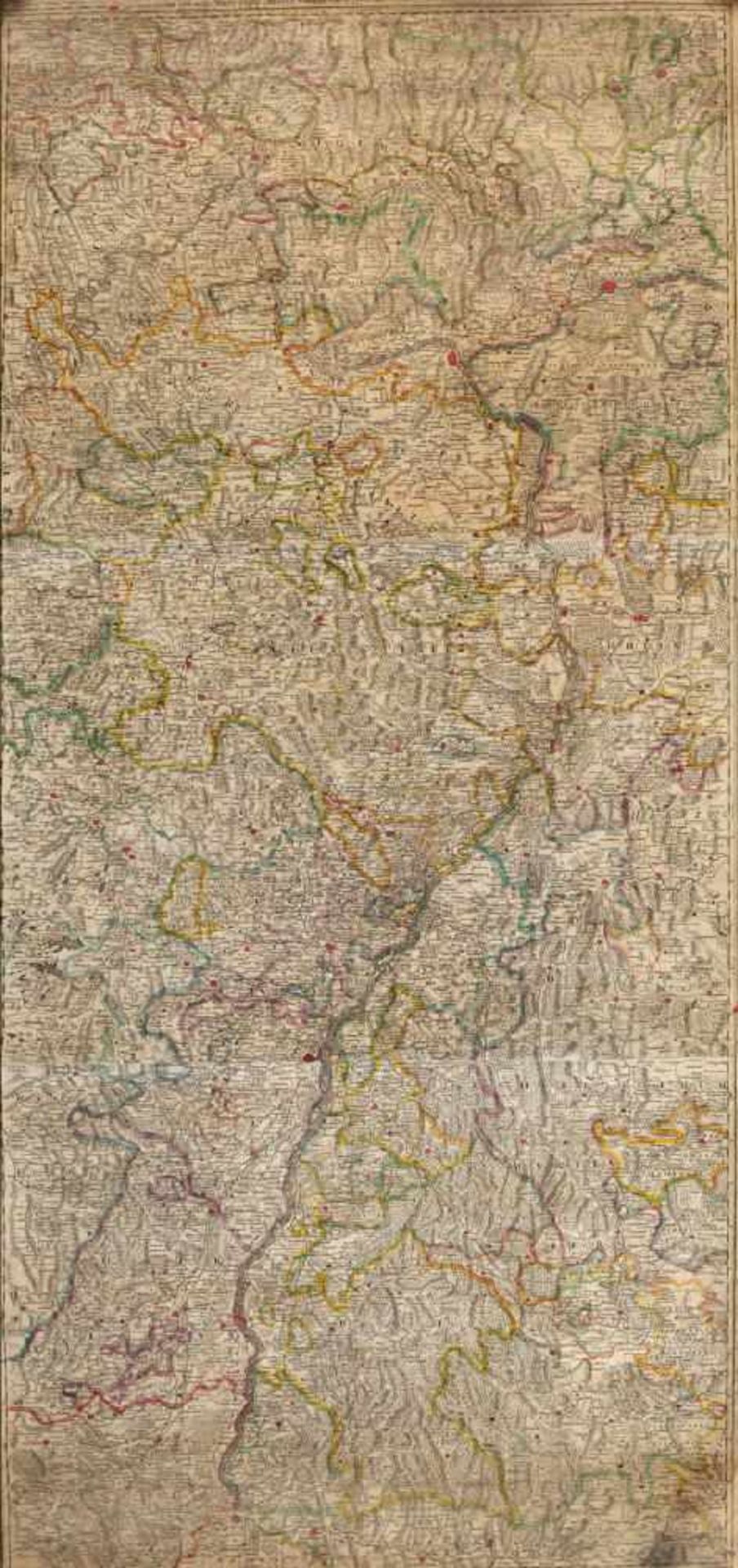 Landkarte "Cursus Rheni a Basilea..."Kupferstich, handcolor., 132,5 x 60 cm, auf Leinen gez., von