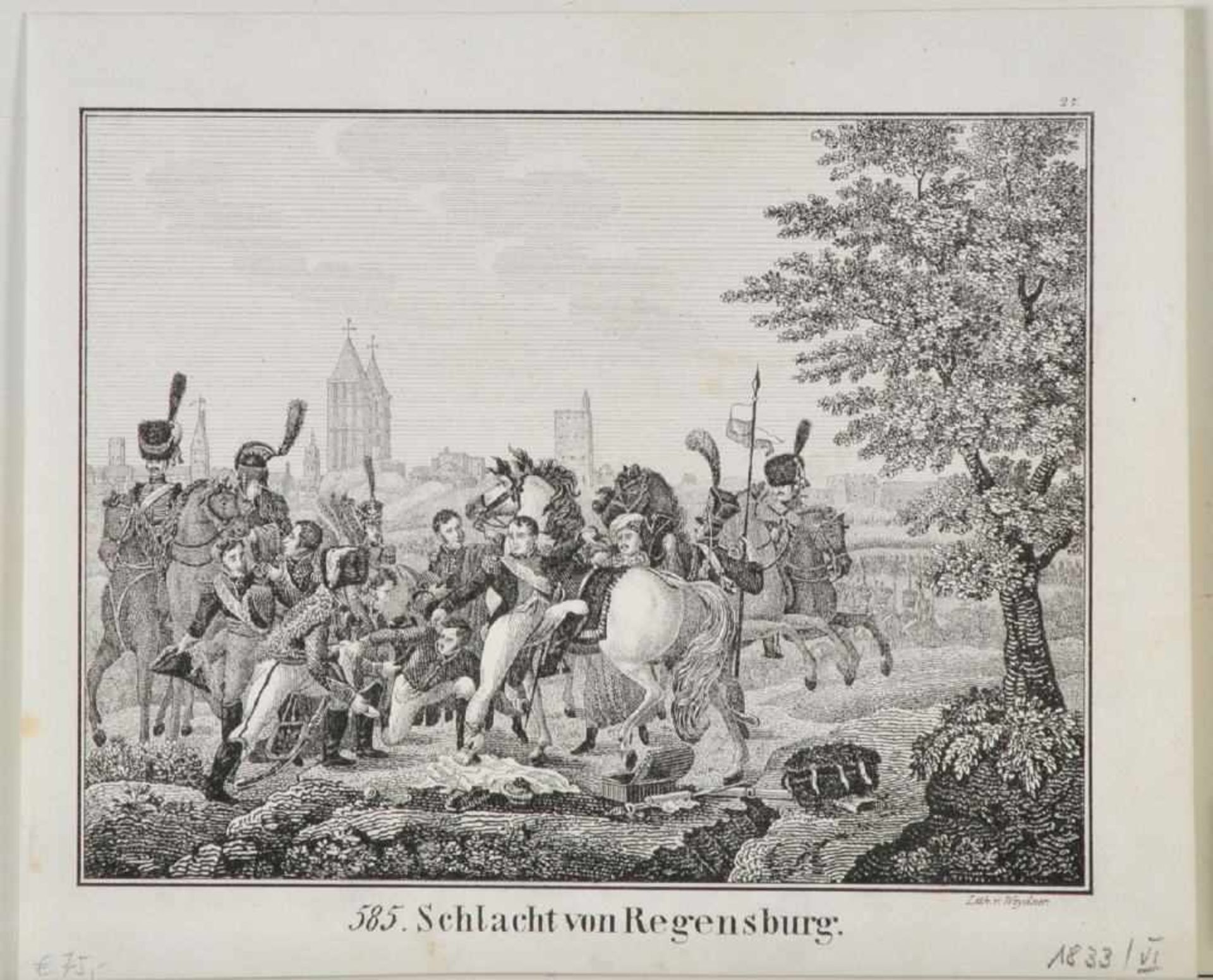 Regensburg, Schlacht vonLithographie, 13 x 16,5 cm, von Weydner, 19. Jh.