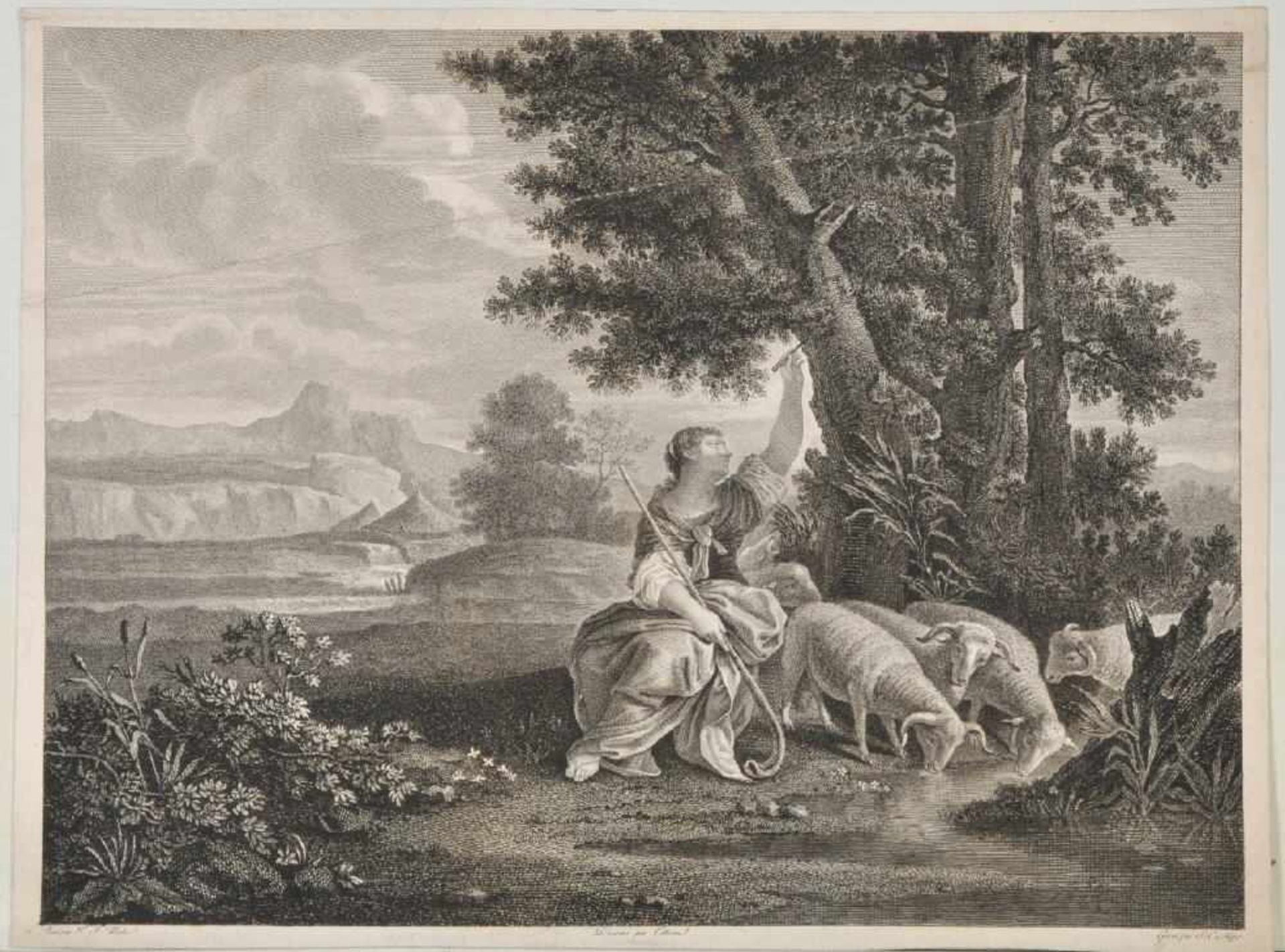 Miger, Simon Charles, 1736 Nemours - 1820 ParisKupferstich, 23,5 x 31,5 cm, " Hirtin mit Schafen