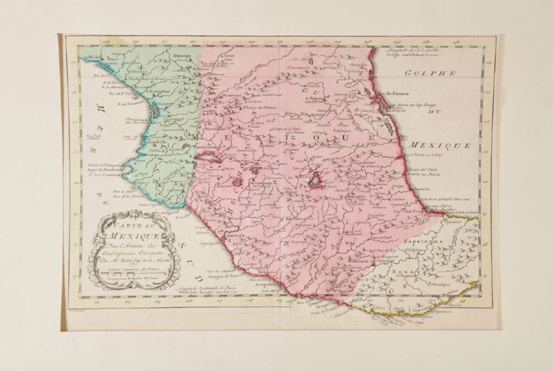 Landkarte "Carte du Mexique (Mexiko)"Kupferstich, handcolor., 21 x 29 cm, von M. Bellin, 18. Jh., P