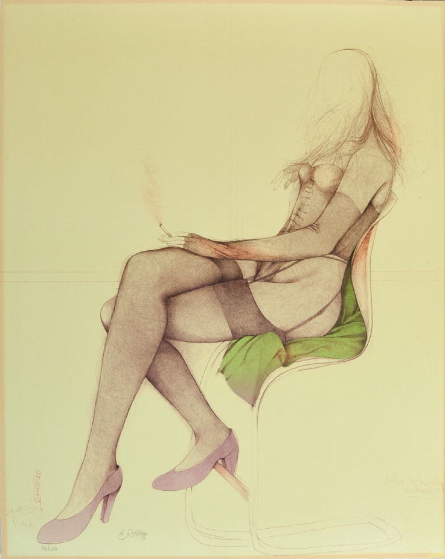 Bruni, Bruno, 1935 Gradara (Pesaro)Farblithographie, auf Karton montiert, 75 x 60 cm, " Rauchende