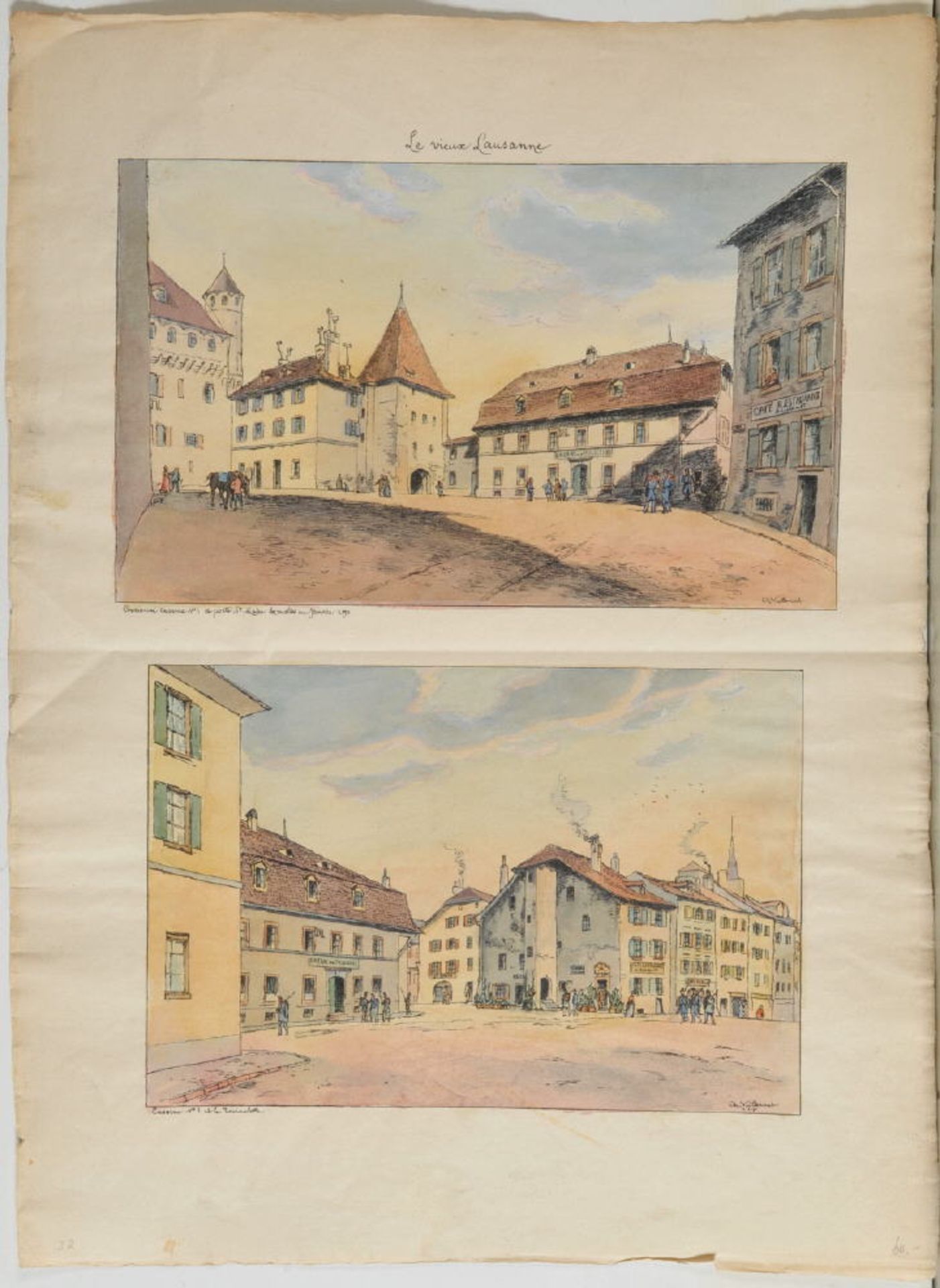 Lausanne, 2 Ansichten2 Lithographien auf 1 Blatt, handcolor., Blatt 51 x 38 cm, von Ch.