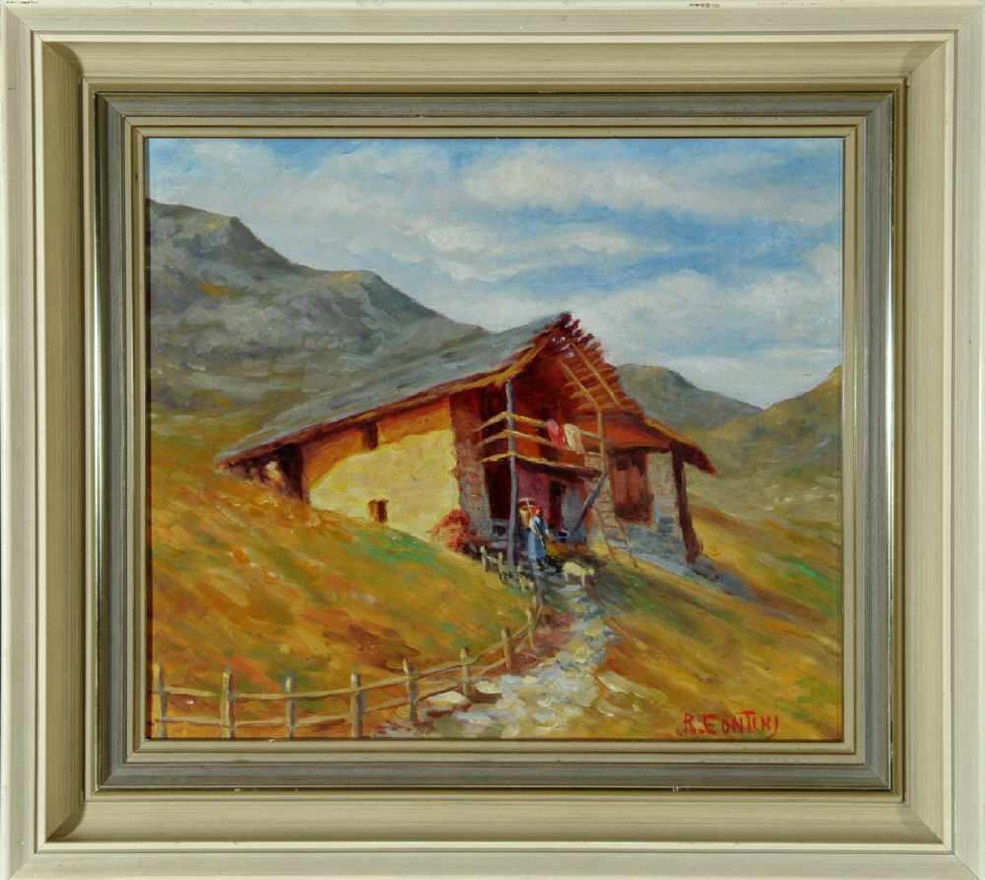 Contini, R., Künstler des 20. Jh.Öl/Sperrholzplatte, 29,5 x 34 cm, " Berglandschaft mit Hütte ", u.r