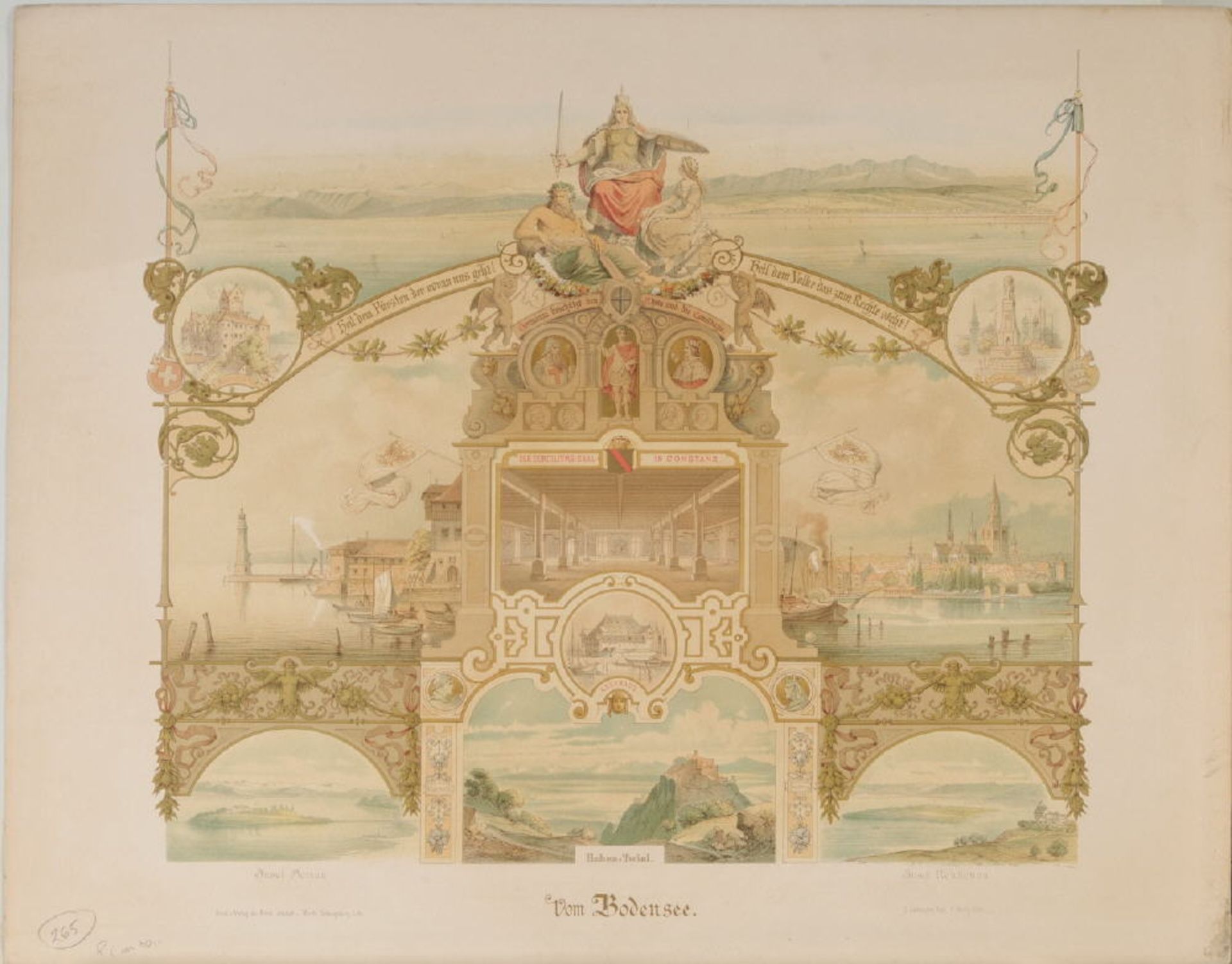 Bodensee, SouvenirblattFarblithographie, 51 x 58 cm, 6 Ansichten, von Reiss, 19. Jh.