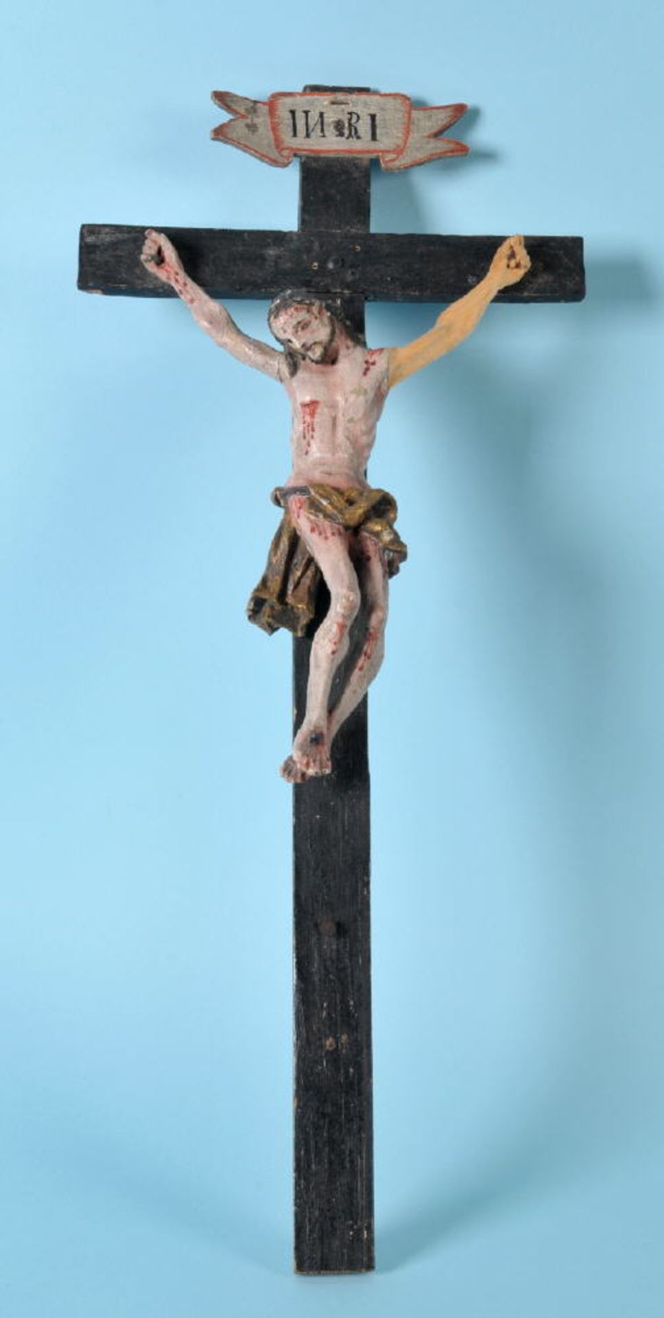 Christus-Korpus mit KreuzHolz, farbig gefasst, H= 63 cm, 1 Arm ergänzt