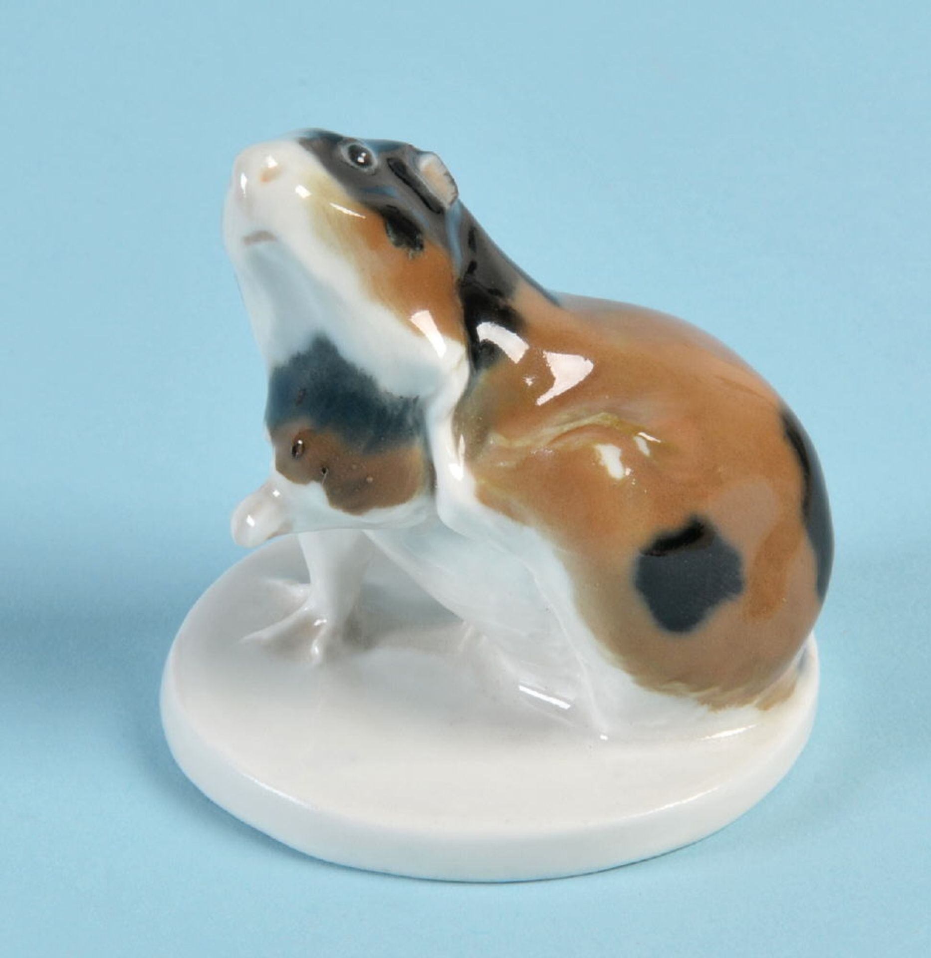 Figur - Meerschweinchen, sich kratzend "Schwerter Meissen" Porzellan, farbig gefasst, auf rundem