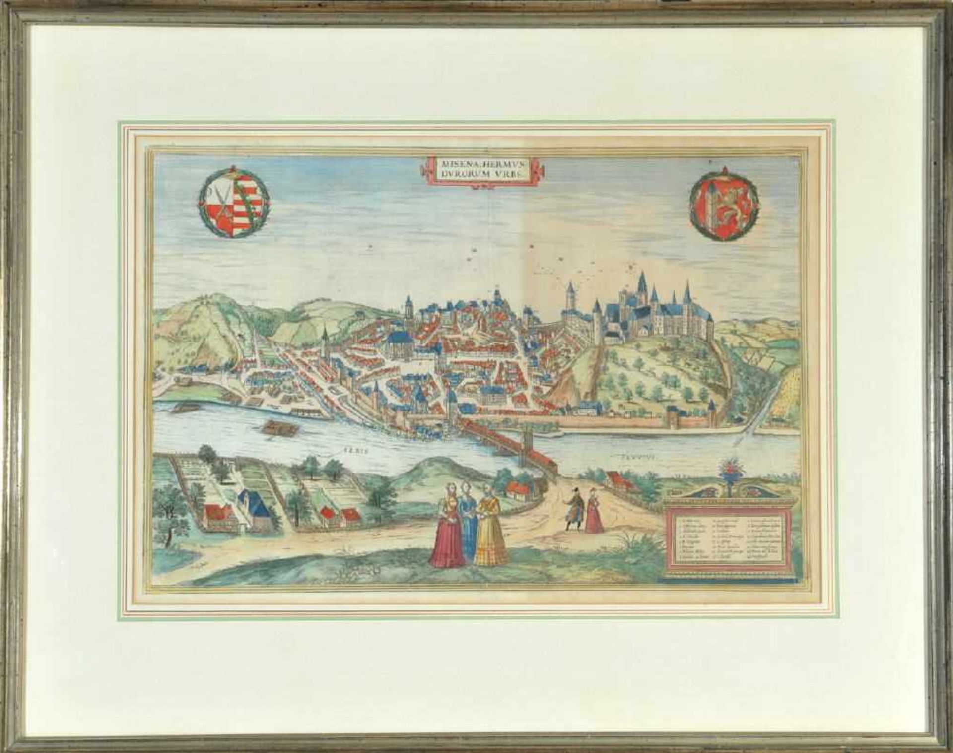 Meißen (Misena, Hermundurorum urbs), GesamtansichtKupferstich, handcolor., 33 x 49 cm, von Braun &