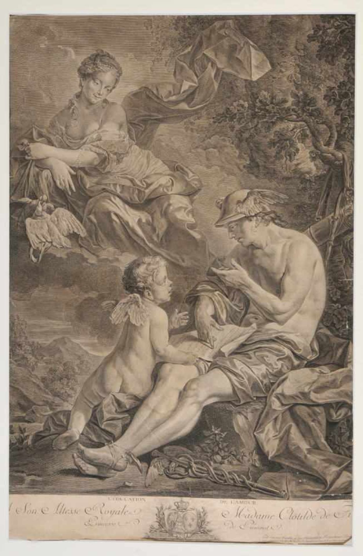 Kupferstich, 18. Jh.49 x 35,5, " Hermes und Amor ", betit. "l'éducation de l'amour", i.d.Pl. bez.,