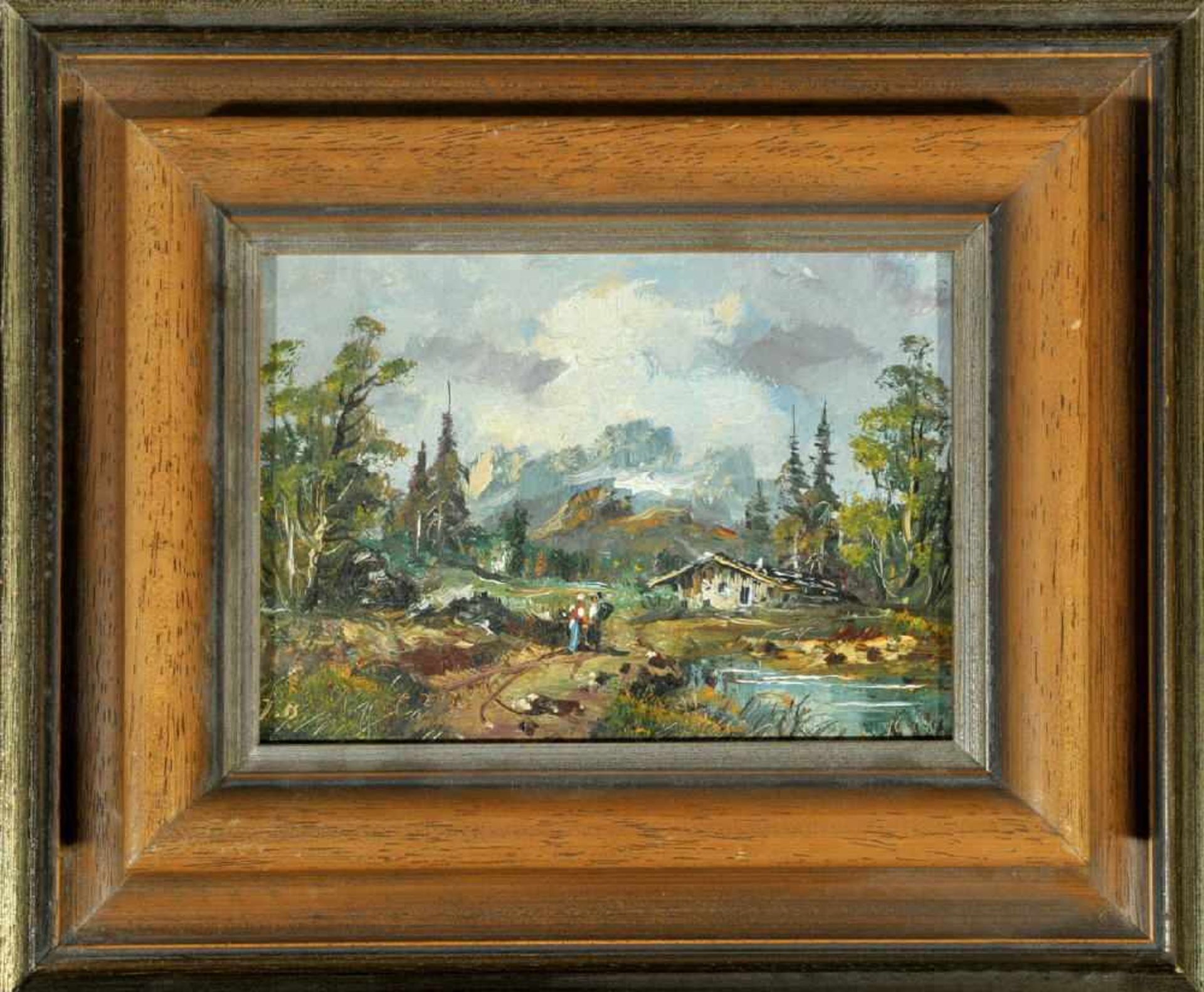 Behringer, Johann, 1929 NürnbergÖl/Platte, 11,5 x 16,5 cm, " Voralpenlandschaft mit Paar ", u.l.