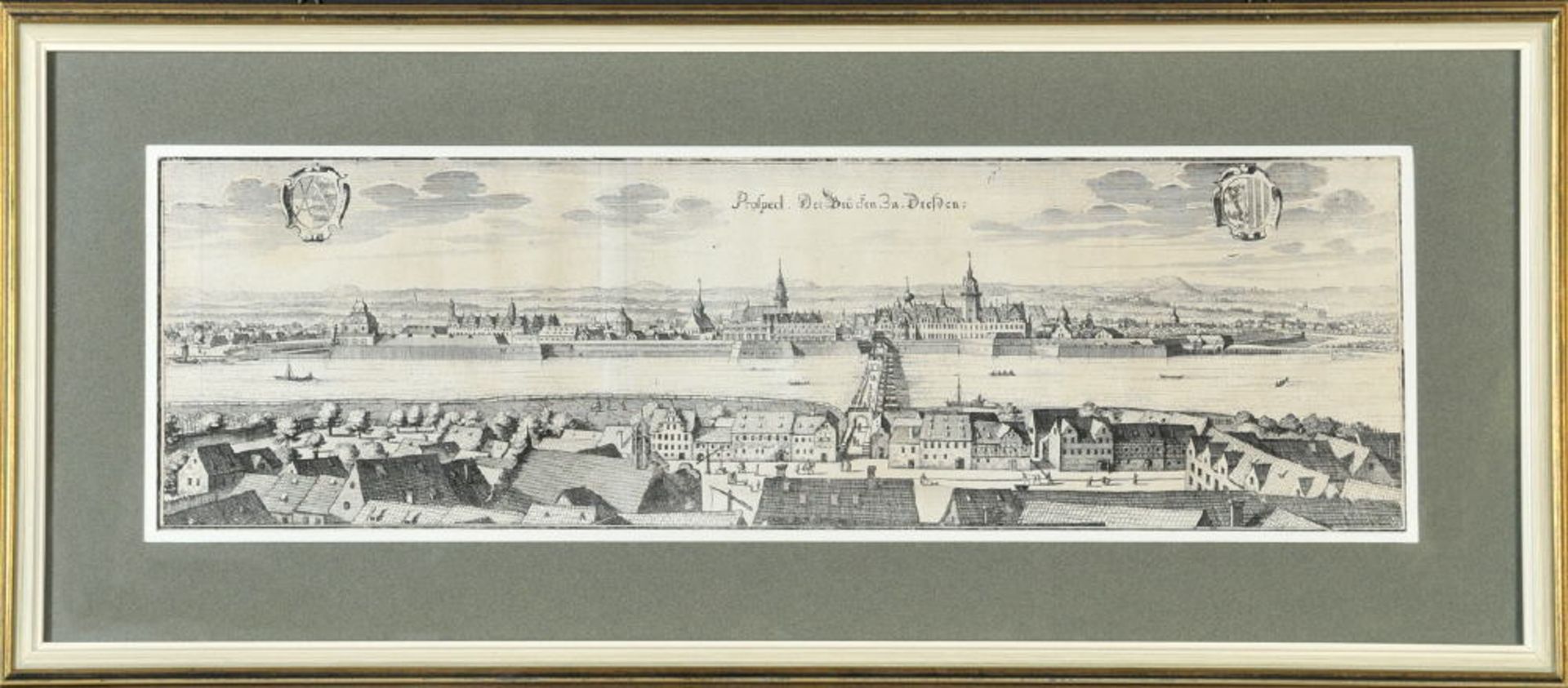 Dresden, Prospect der Brücken zuKupferstich, 15 x 50 cm, von Merian, 17. Jh., R