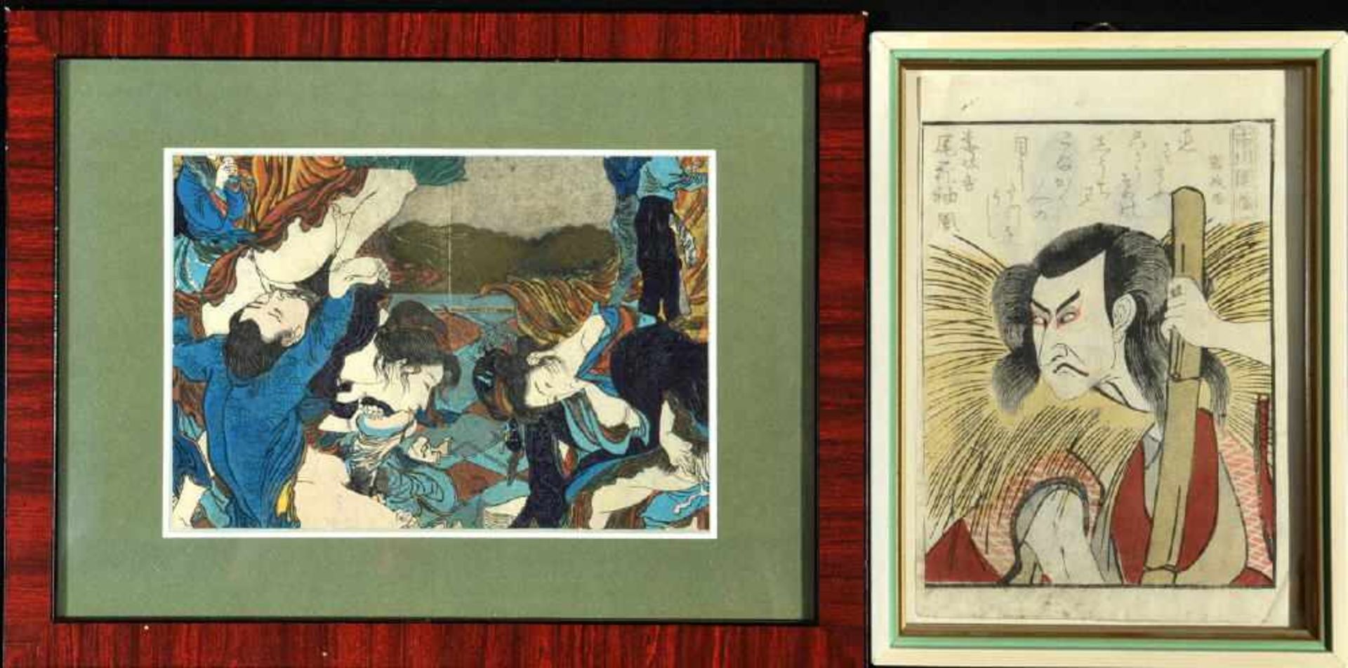 Japanische Farbholzschnitte, 2 Stückversch. Größen, " Männerdarstellung (wohl Kunisada) " u. "