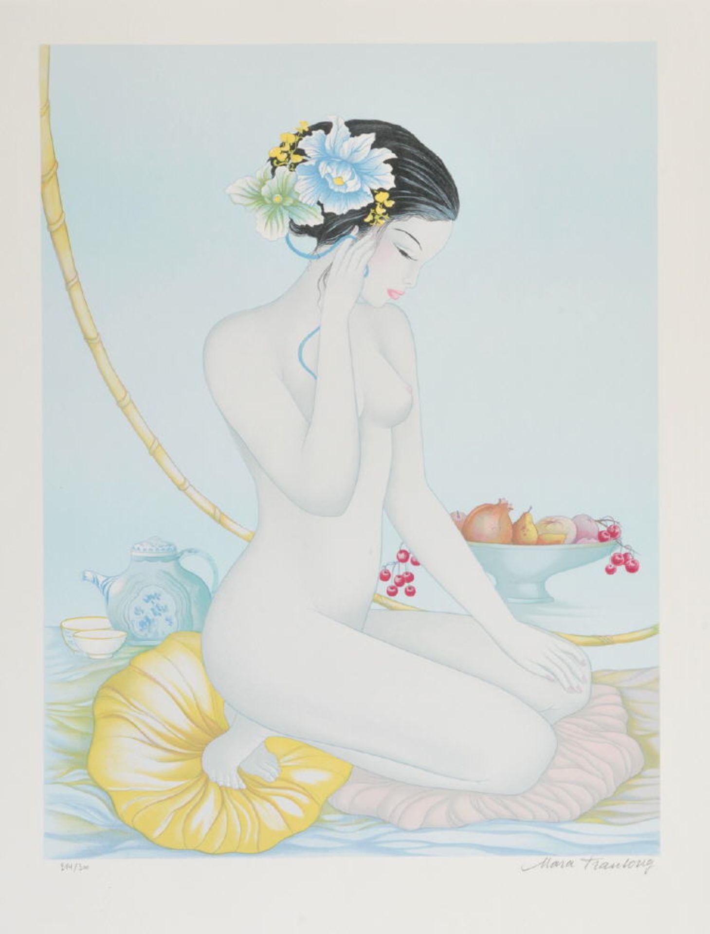 Tran-Long, Mara, 1935 MontaubanFarblithographie, 59,5 x 44,5 cm, " Frauenakt mit Teekanne und