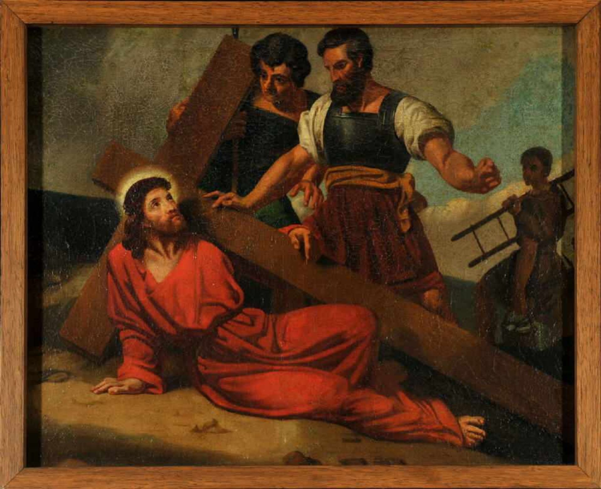 Bildnismaler des 19. Jh.Öl/Lwd auf Spanplatte gez., 57 x 70 cm, " Christus fällt unter dem Kreuz "