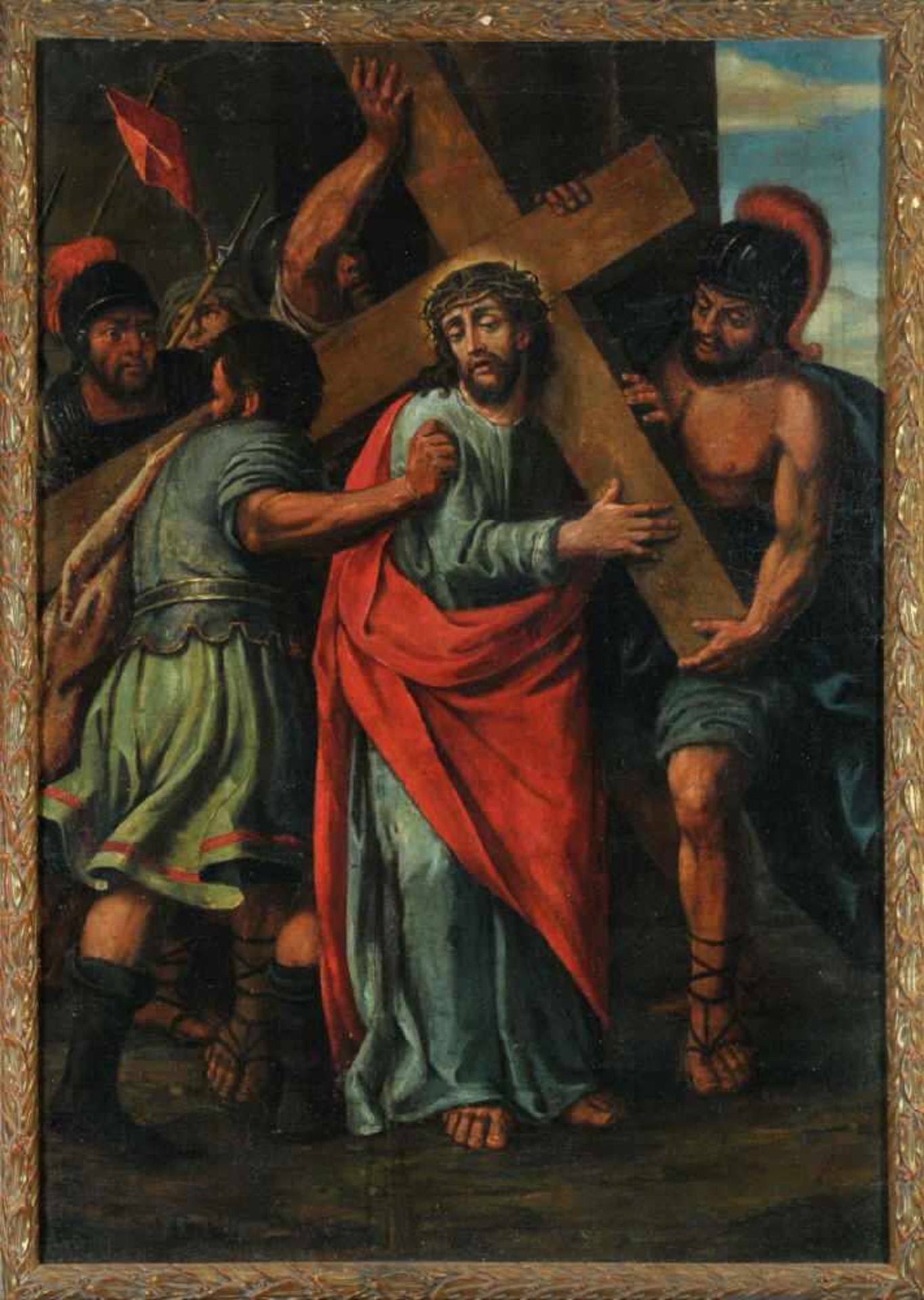 Bildnismaler des 17./18. Jh.Öl/Lwd auf Hartfaser gez., 109 x 76 cm, " Christus trägt das Kreuz ",
