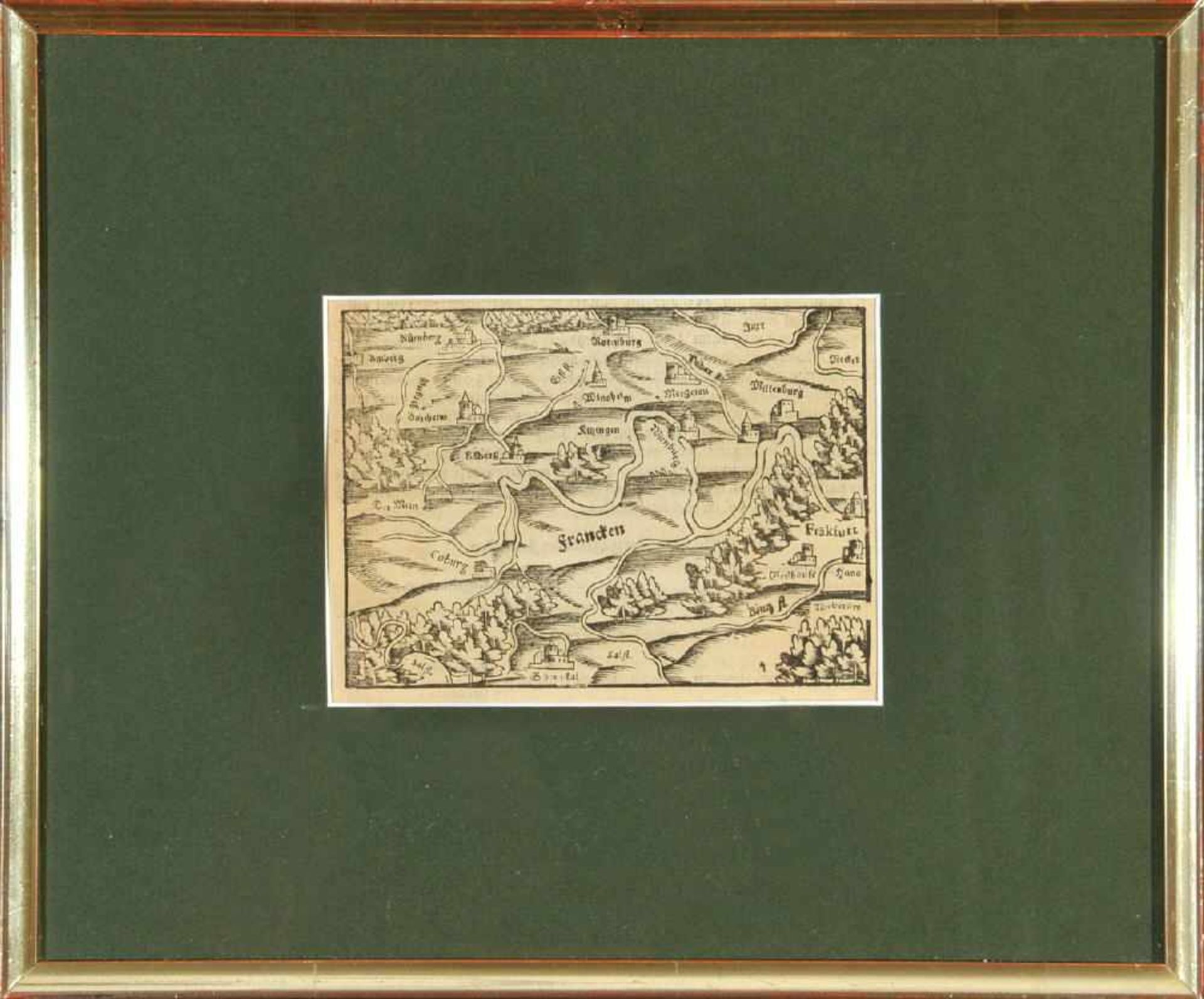 Landkarte "Francken"Holzstich, 9,5 x 13,5 cm, von Seb. Münster, um 1600, R