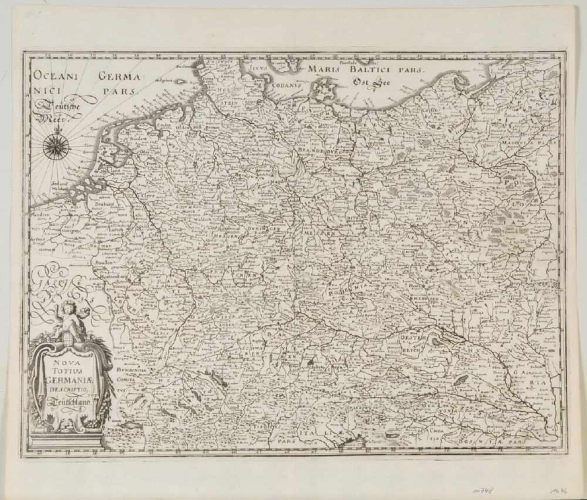 Landkarte "Nova totius germaniae descriptio - Teutschland"Kupferstich, 27 x 36,5 cm, von Merian, 17.